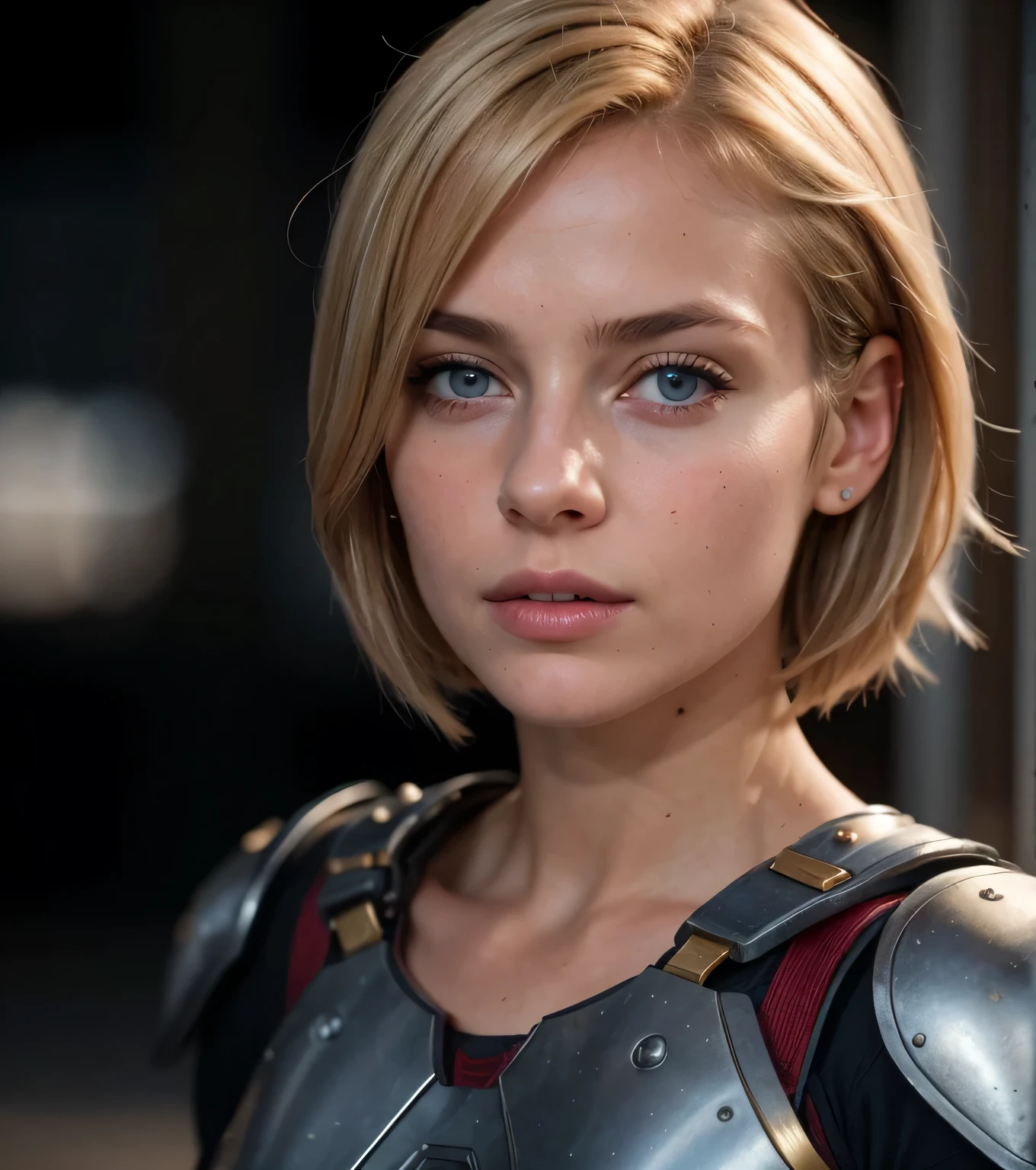 1girl, skin pores texture, Hair blonde short, HD , Photography, movie, cinematic, full Body armor red , blue and gold, hero, Realistic, (8k, RAW photo, best quality, masterpiece:1.2), (realistic, photo-realistic:1.33), best quality, cute,natural lighting, depth of field, film grain, wrinkled skin, sharp, detailed