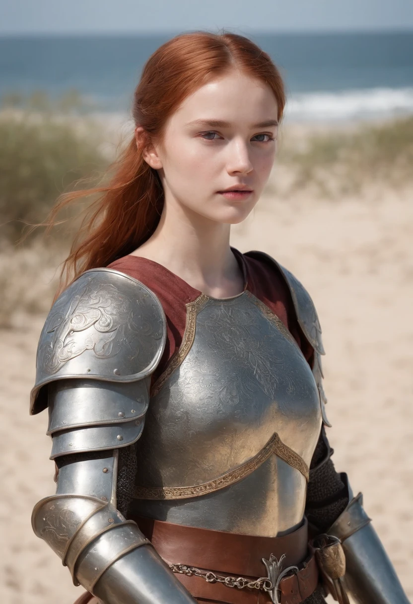 手に剣を持った女の子のwhole bodyの写真、Norwegian girls、beautiful  girl、Redhead ponytail、dusty face、wearing leather armor、Girl standing against the background of a sandy beach、Wind、whole bodyのphotorealism、sharp focus、realな顔の肌、heavy atmosphere、view、erotic face、medieval female knight、Beautiful 13 year old body、hyper quality、High definition、real、photorealism、16k、4k、cinematic、