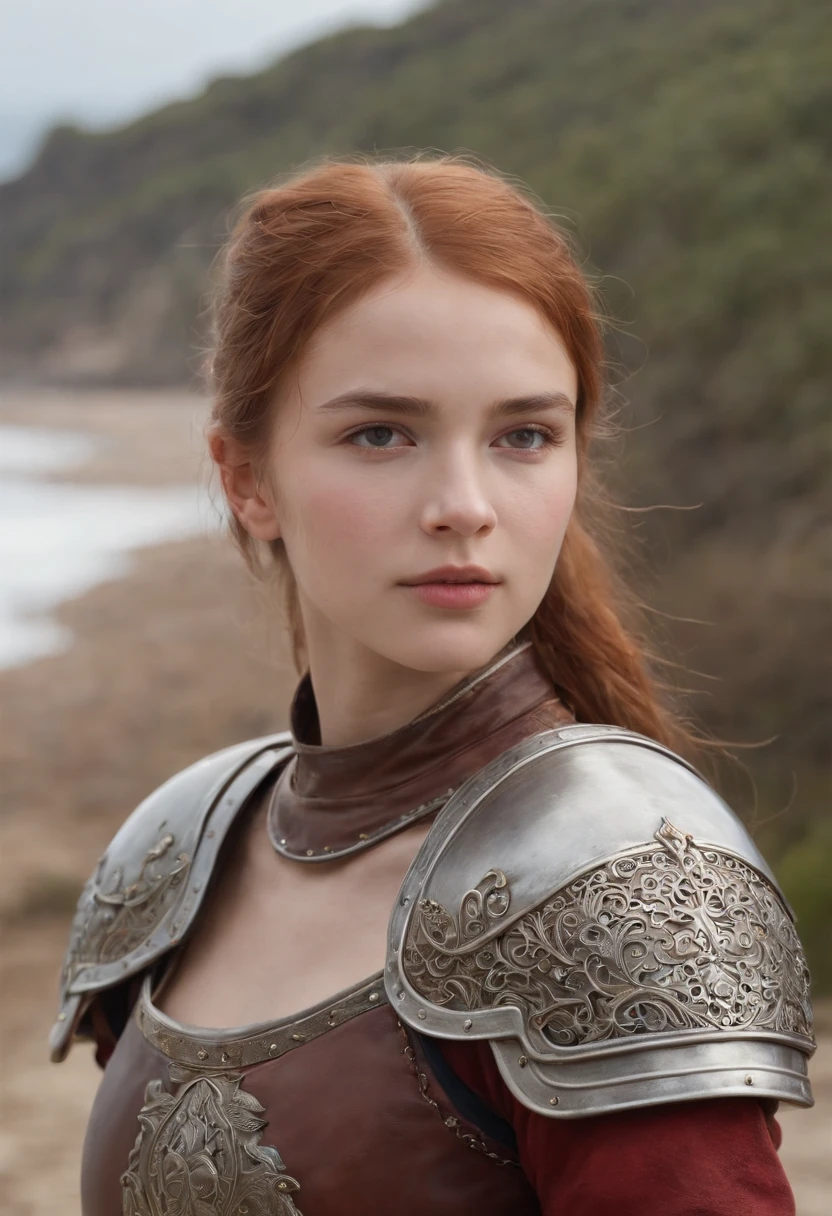 手に剣を持った女の子のwhole bodyの写真、Norwegian girls、beautiful 13 year old girl、Redhead ponytail、dusty face、wearing leather armor、Girl standing against the background of a sandy beach、Wind、whole bodyのphotorealism、sharp focus、realな顔の肌、heavy atmosphere、view、erotic face、medieval female knight、Beautiful 13 year old girl、whole body、hyper quality、High definition、real、photorealism、16k、4k、cinematic、