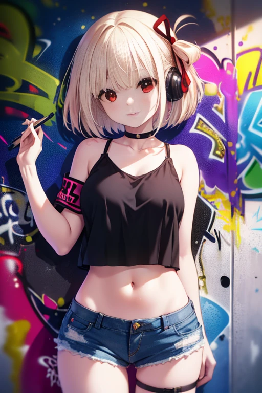Chisato Nishikigi, Chisato Nishikigi, short hair, bangs, blonde hair, (red eyes:1.5), hair ribbon, one side up, bob cut,Navel dashi tank top,denim shorts, choker, (graffiti:1.5), paint splatters, turn your arms behind your back, towards the wall, looking at the viewer, armband, thigh strap, paint on the body, head tilt, was bored, headset,break outdoors, city,break looking at viewer, (cowboy shot:1.5),
break (masterpiece:1.2), highest quality, High resolution, unity 8k wallpaper, (figure:0.8), (beautiful and fine eyes:1.6), highly detailed face, perfect lighting, Very detailed CG, (perfect hands, perfect anatomy),