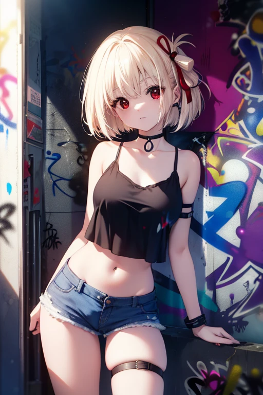 Chisato Nishikigi, Chisato Nishikigi, short hair, bangs, blonde hair, (red eyes:1.5), hair ribbon, one side up, bob cut,Navel dashi tank top,denim shorts, choker, (graffiti:1.5), paint splatters, turn your arms behind your back, towards the wall, looking at the viewer, armband, thigh strap, paint on the body, head tilt, was bored, headset,break outdoors, city,break looking at viewer, (cowboy shot:1.5),
break (masterpiece:1.2), highest quality, High resolution, unity 8k wallpaper, (figure:0.8), (beautiful and fine eyes:1.6), highly detailed face, perfect lighting, Very detailed CG, (perfect hands, perfect anatomy),