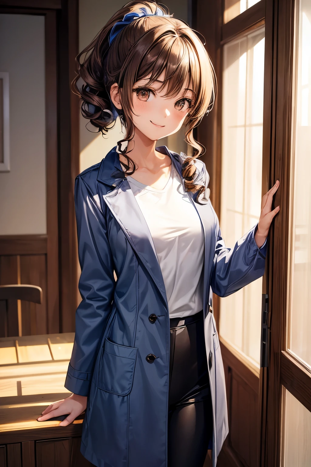 A 22 years old university student Japanese girl ((slender, small breast)),  light brown curly ponytail (( very short, her right eye is hidden behind her long swept hair:1.4, slender smooth curly hair )), indigo leggings, gray chesterfield coat, a T-shirt ((gradation from blue to white)), smile calmly and gently, have a bouquet by her left hand ,(( brown smiling eyes ))