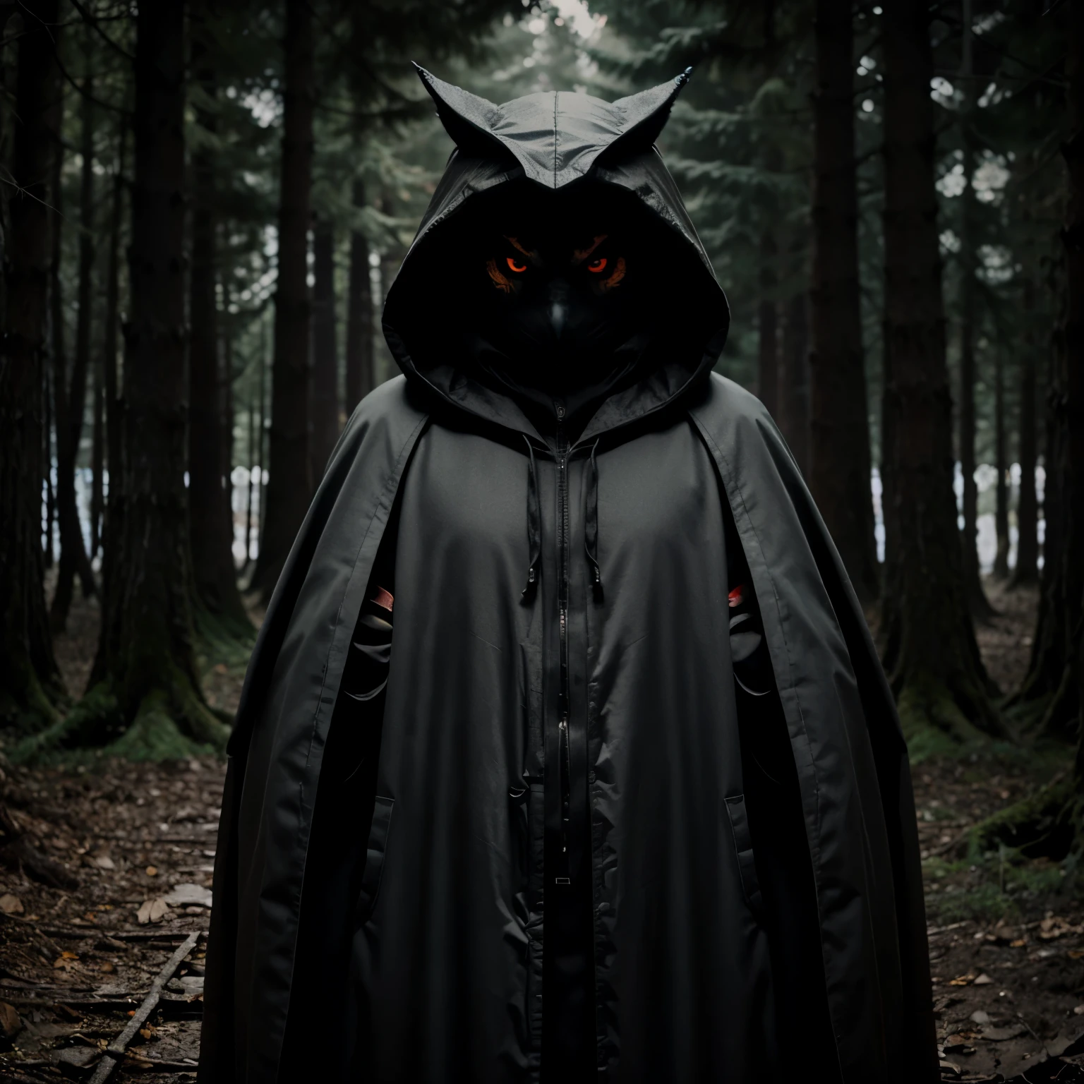 large hooded anthropomorphic owl in the middle of a macabre forest, coruja alta e forte cheia de penas, anthropomorphic animal, furry coruja, anthropomorphic passage, roupa com penas, dark scenery, estilo horror, pesadelo, morbid darkness, roupa sobretudo com penas, cena macabra, filme de terror, personagem com medo