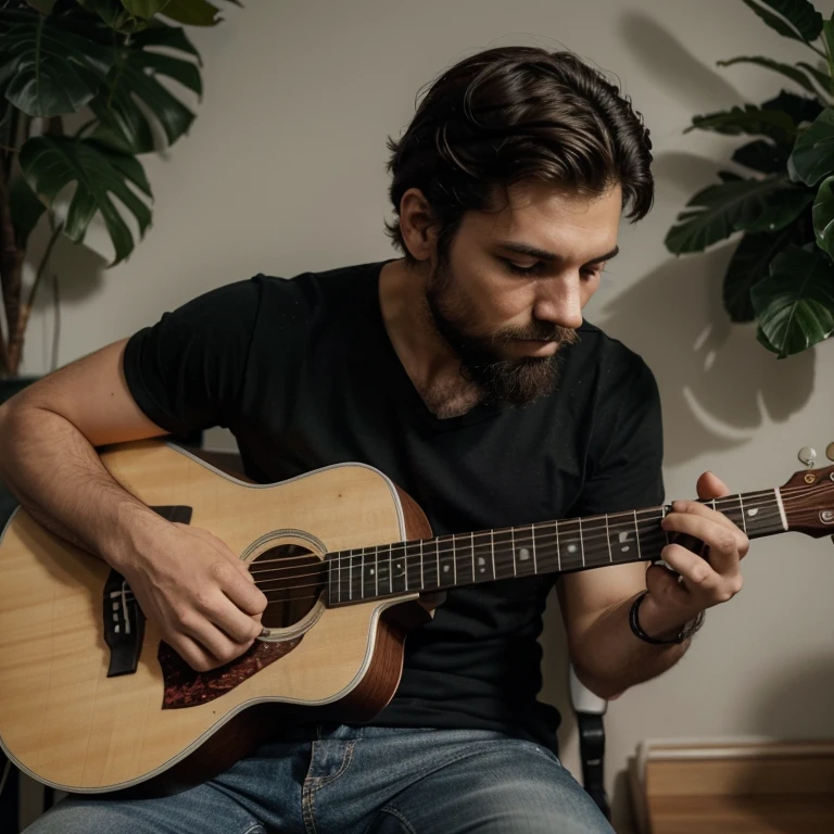 Homem jovem 30 anos, forte, barba, tocando guitarra em um ambiente musical. Foto e perfil de redes sociais


