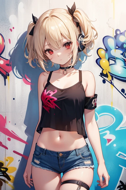 Chisato Nishikigi, Chisato Nishikigi, short hair, bangs, blonde hair, (red eyes:1.5), hair ribbon, one side up, bob cut,Navel dashi tank top,denim shorts, choker, (graffiti:1.5), paint splatters, turn your arms behind your back, towards the wall, looking at the viewer, , thigh strap, paint on the body, head tilt, was bored, headset,break outdoors, city,break looking at viewer, (cowboy shot:1.5),
break (masterpiece:1.2), highest quality, High resolution, unity 8k wallpaper, (figure:0.8), (beautiful and fine eyes:1.6), highly detailed face, perfect lighting, Very detailed CG, (perfect hands, perfect anatomy),