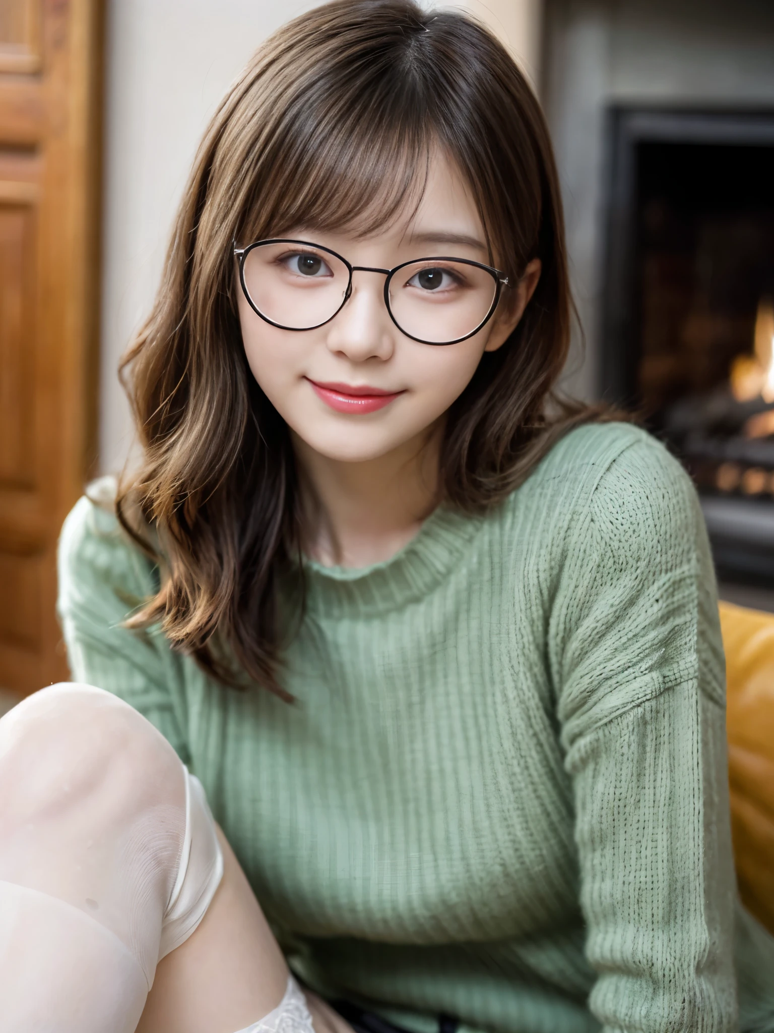  (8k, RAW photo, best quality, masterpiece, extremely detailed, absurdres:1.2) (realistic, photo-realistic:1.4) sharp focus, (blurred background:1.2) bokeh (close up:1.4) cinematic, detailed 4K background
BREAK
(detailed fashionable glasses:1.4) 1 extremely cute Japanese woman, detailed face, kawaii, 20 years old, detailed extremely pale skin, smile closed mouth (dynamic sexy pose:1.3) (pale green over size long sweater, detailed white stockings:1.2) thighs BREAK indoors, living room, fireplace, snow