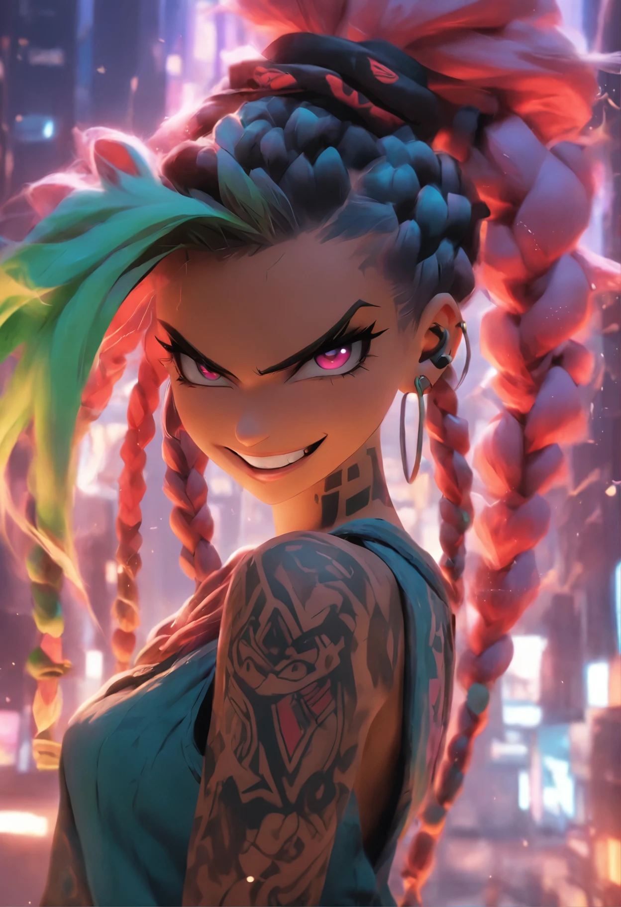 arcane style,
1girl, arm tattoo, asymmetrical bangs, bangs, blue hair, braid, brown shirt, cloud tattoo, looking at viewer, laughing, crazy, uncontrollable laugh, mad look, night, city, green hair, long hair, midriff, pink eyes, red lips, shirt, solo, standing, tattoo, twin braids, upper body, arcane jinx, jinx \(league of legends\)

