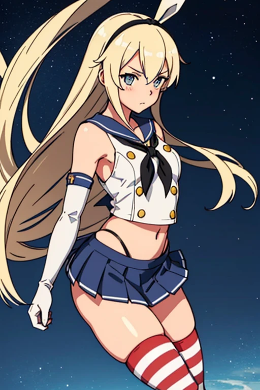 hyper detailed, perfect anatomy, extremely detailed and delicate, 1 girl, Shimakaze (KanColle), bright eyes, clean skin, white sailor uniform, bear shoulders, white elbow gloves, blonde hair, long hair, striped thighhighs, sailor collar, navel out, highleg panties, black panties, blue skirt, microskirt, pleated skirt, night sky, stars, milkyway, hugging a black cat,