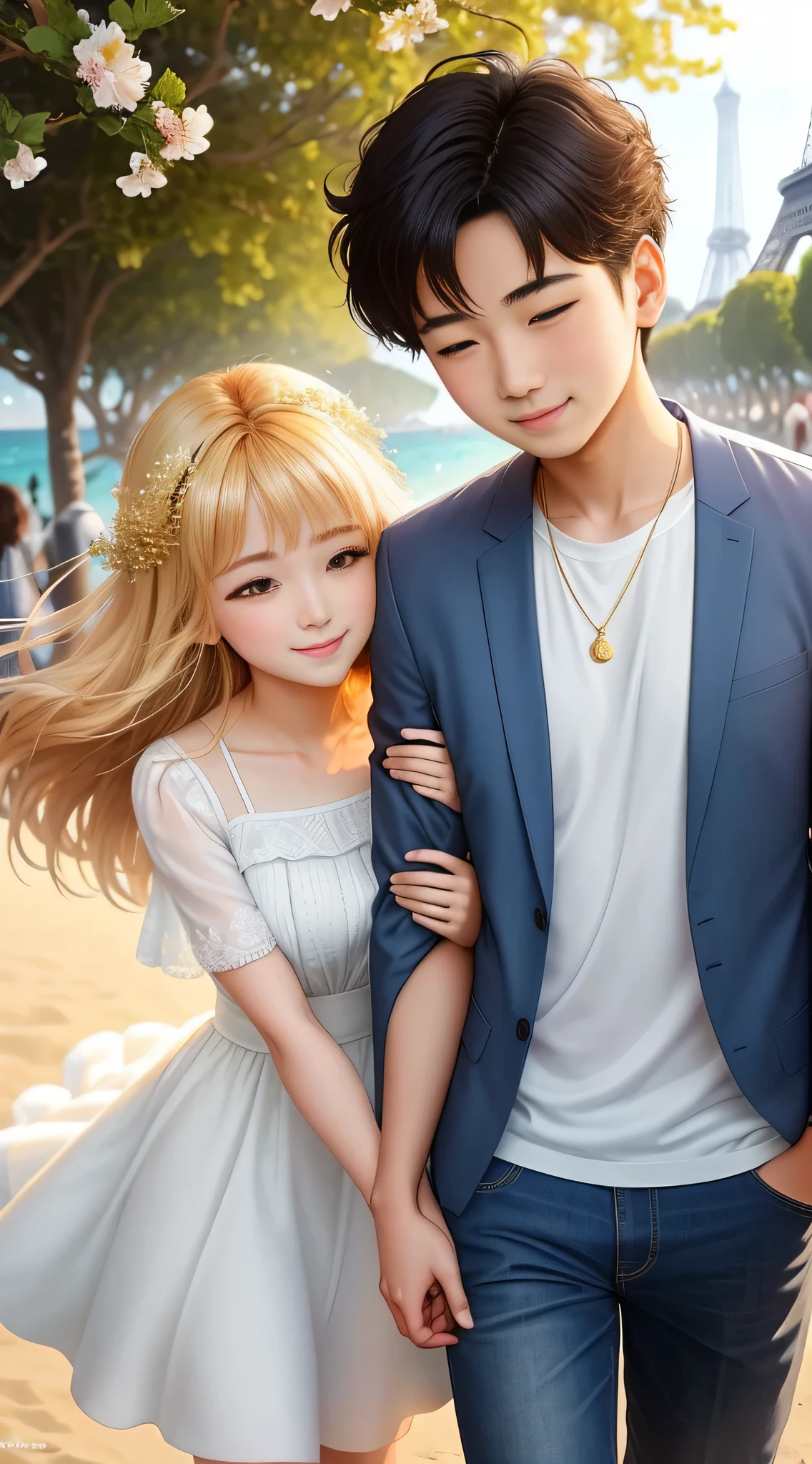 On this bright morning, a young couple walked hand in hand on the beach, gradually moving away from the lively seaside. Behind them, is the Eiffel Tower. And in front of them, the fragrance of flowers is overflowing, flowers blooming, brilliant and colorful, like a moving oil painting, intoxicating.
The girl snuggled lightly onto the boy's shoulder, their eyes meeting with tenderness and love in their eyes. The boy stretched out his other hand and caressed the girl's hair with his fingers, and the girl had a happy smile on her face. Their clothes are all white, which looks exceptionally pure and neat, making people think of the looks of the couple at weddings.
At this time, the sun had risen, and the sunlight shone patches of gold through the leaves, illuminating the lovers. They all had big smiles on their lips, as if everything was getting better at this moment. It was a momentary moment that left a lasting impression and made people involuntarily revel in it.