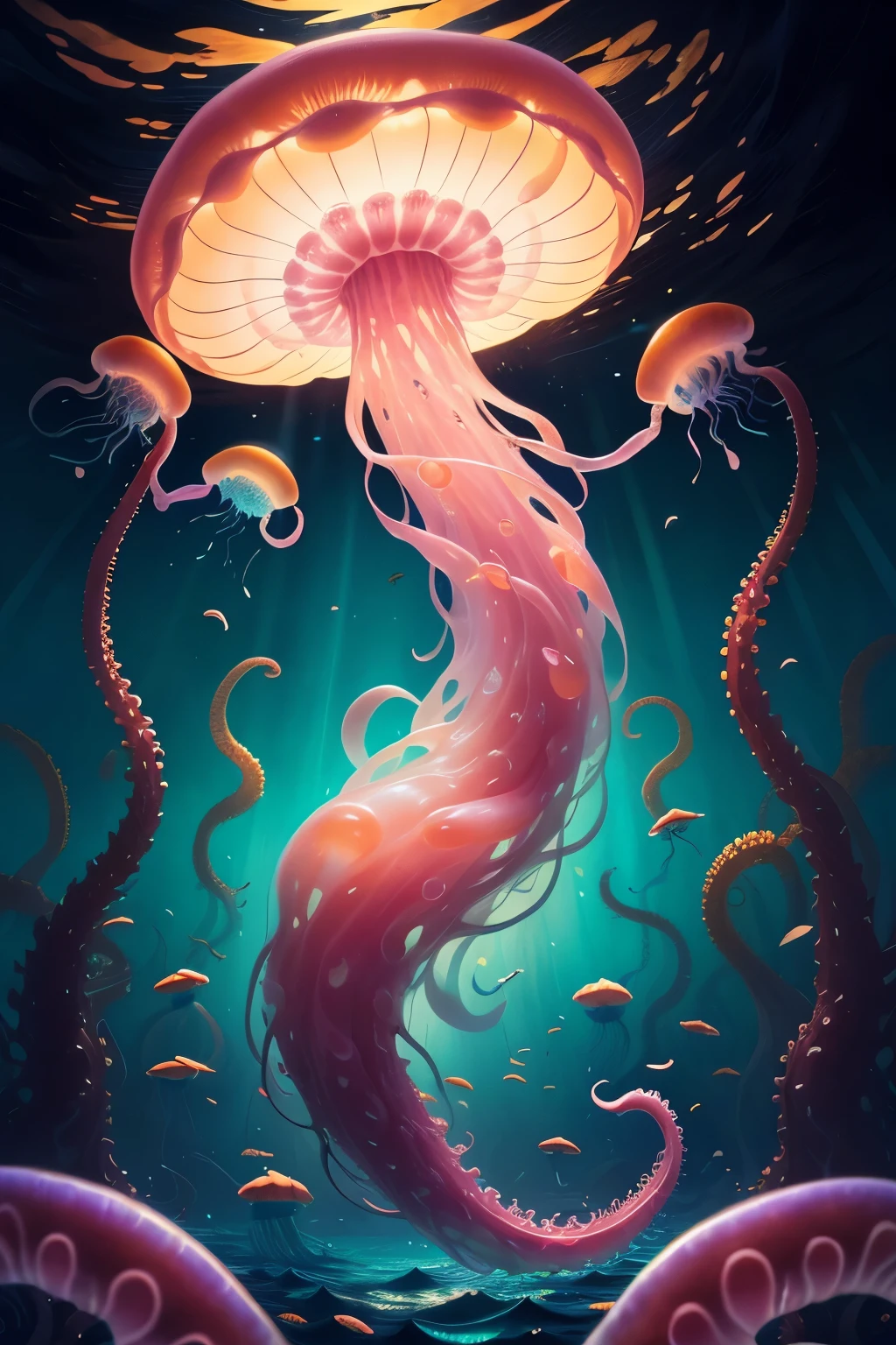 jellyfishs floating in the ocean with a dark sky background, jellyfishes, jellymeat, jellyfish temple, space jellyfish, cyberpunk jellyfish, many tentacles, jelly fish dancing, tentacled creature mix, science fantasy painting, jellyfish pheonix, jelly fishes, tentacles around, by Noah Bradley, pink jellyfish everywhere, chaotic sea setting, sea like jelly, jellyfish fractal