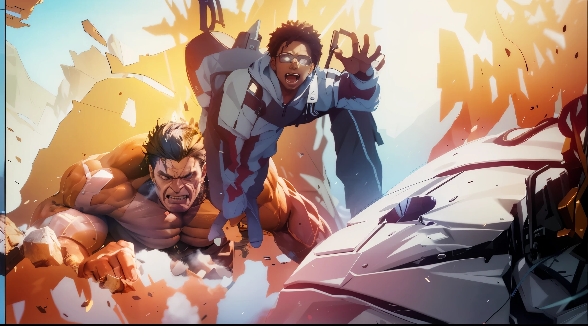 Capture the explosive moment as a young, dark-skinned man wearing glasses, dressed in a crisp white windbreaker hoodie dives out of the way of an explosive attack. This RAW masterpiece showcases an ultra-high resolution, photorealistic full-body portrait, illuminated by the warm glow of sunlight. The scene is rendered in the captivating style of mecha sci-fi anime, boasting an impressive 8K resolution for the best quality imagery. Crafted with Unreal Engine 1.4, this piece features ultra-realistic 64K CG, skin texture at 1.4, and volumetric fog to add depth and atmosphere. The details are further enhanced with 8K UHD, DSLR quality, film grain, and the artistic touch of lomography. The result is a stunning blend of high-quality visuals, translucent effects, and photorealism that truly captivates the viewer.
