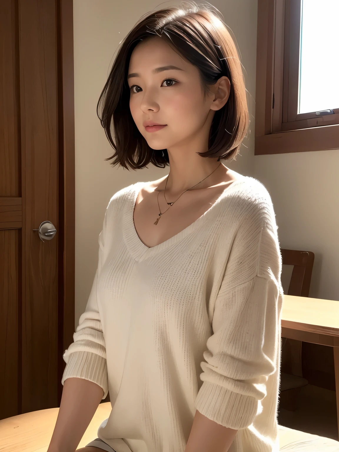 (layered haircut:1.2))、short wavy hair、8K、(Raw photo)、(最high quality)、(フォトrealistic:1.4)realistic to the touch realistic、(4KHigh level image quality:1.2)、(High resolution, table top, 最high qualityの, high detail, formal: 1.4), (realistic: 1.2, ハイパーrealistic: 1.1, フォトrealisticです: 1.37), Depth of bounds written, (Detailed explanation of hair), (Detailed description of the face), unparalleled beauty,, (35 years old,: 1.4)、I'm a little depressed、white wall、Taken in front of the white door、((窓のあるwhite wallの部屋))、natural soft light、realistic、High level image quality、high quality、profile、Versatile poses、profile、random pose、Autumn outfit、Winter clothes、 necklace、dark red hair