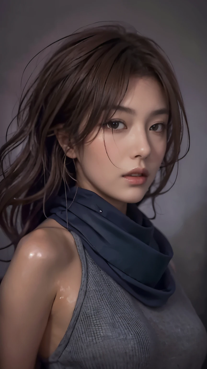 8K, highest quality, masterpiece, realistic, ultra detail, photo realistic, Improvement of quality,
Photo of a girl standing in a field with a scarf, In a dark and brooding designer style, voluminous mass, photo bash, calm face, jagged edges, navy, beauty of nature, close up shot