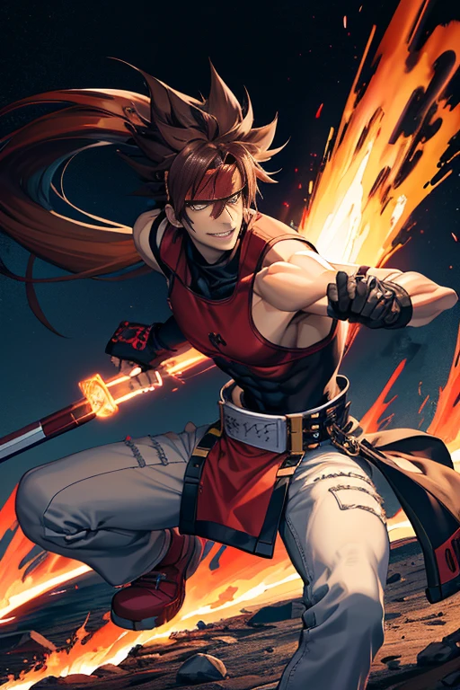 Two-dimensional, anime style, 1 man , solo, (male warrior), Sol Badguy , slim body, correct proportions, white pants, sleeveless red jacket , red bandana on his head, black tank top with turtleneck, black shoes, wearing sleeveless black gloves,wearing navy blue glasses, long ponytail hairstyle, light and shadow tracing, ray tracing, detail glow, CG rendering, hair details, long black hair,  a lot of details, volcano environment,smiling joyfully, looking at the viewer, making his combat position, holding a fire sword, surrounded by flames 