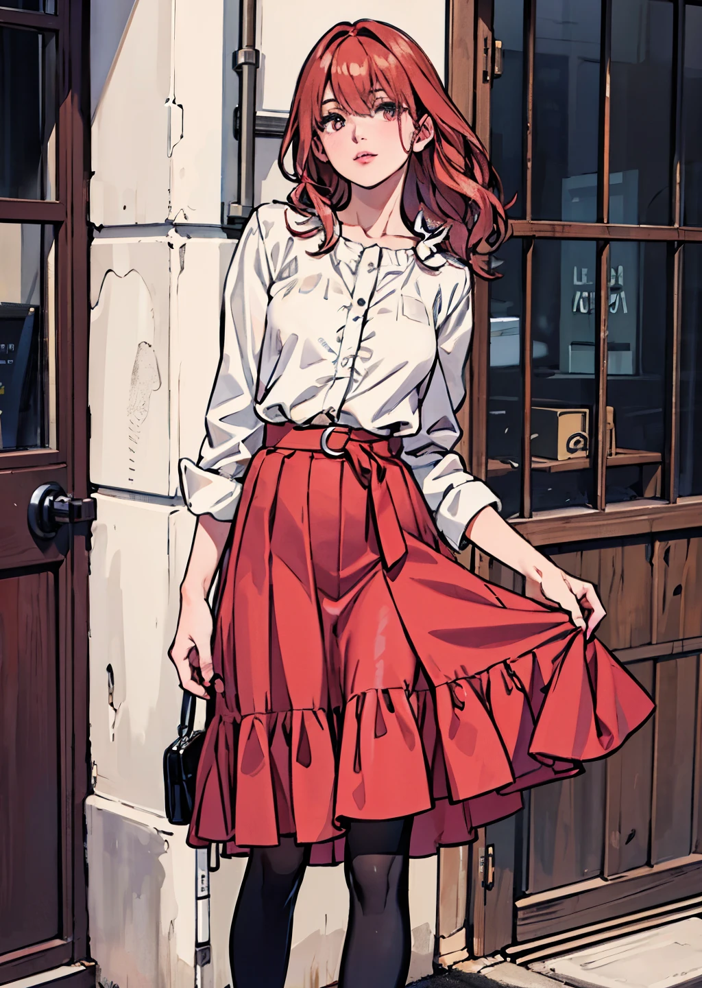 (best quality,4k,8k,highres,masterpiece:1.2),ultra-detailed,(realistic,photorealistic,photo-realistic:1.37),beautiful detailed eyes,beautiful detailed lips,extremely detailed eyes and face,long eyelashes,feminine,long wavy hair,(professional,model-like:1.1) pose,(graceful,elegant:nine),wide skirt,red skirt,red and white,midi skirt,smooth flowing skirt,slim waist,long skirt,white and,dark red,skater skirt,wearing skirt,short skirt length,layered skirt,black red white clothes,red and white dress