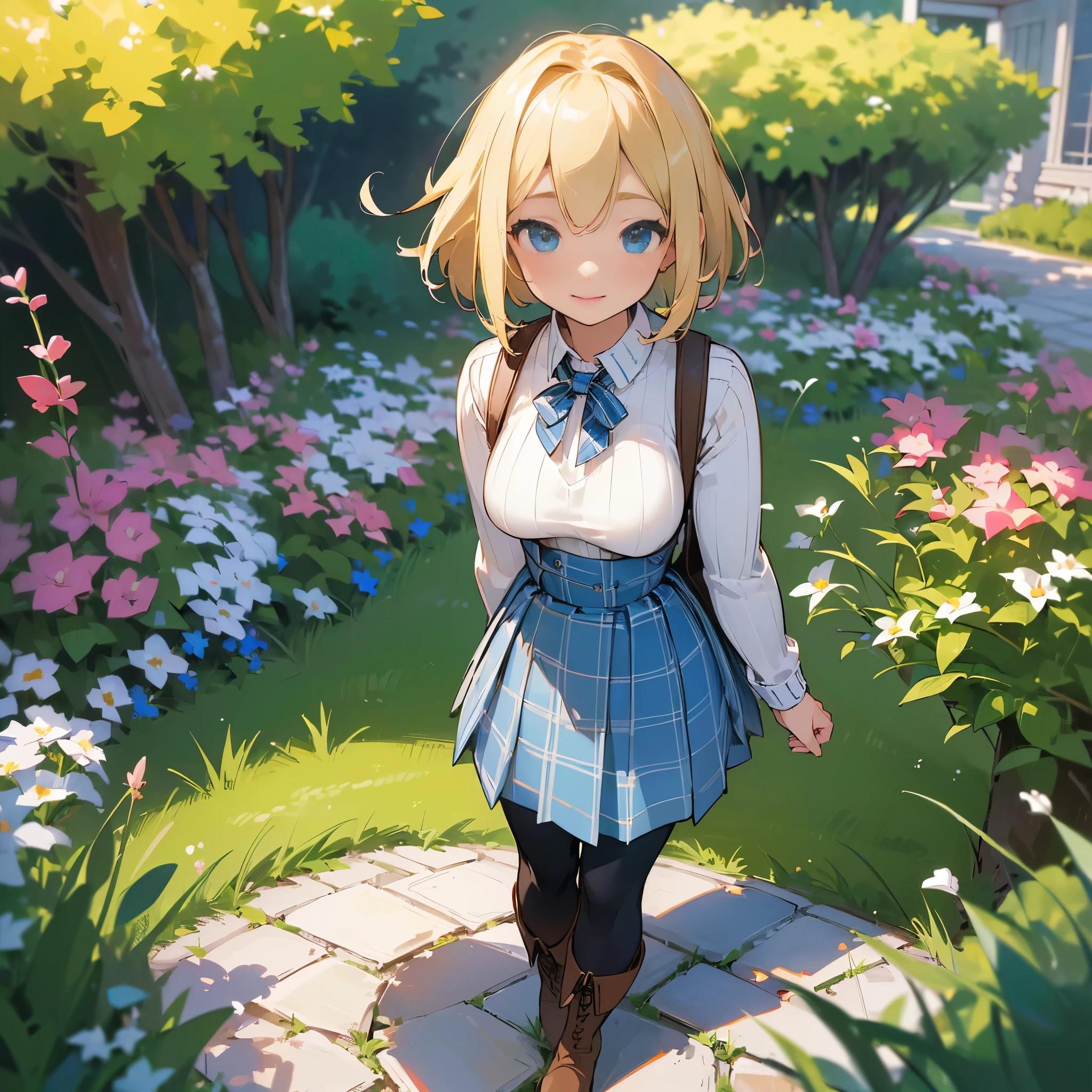 (high quality, high resolution, Super detailed, Reality:1.37), peaceful atmosphere, (outdoor, garden), Teenage girl standing alone, (My breasts are big.), Beautiful detailed features, cute smile, (blonde bob hair), ribbed sweater, blue plaid skirt, Black tights, brown boots.