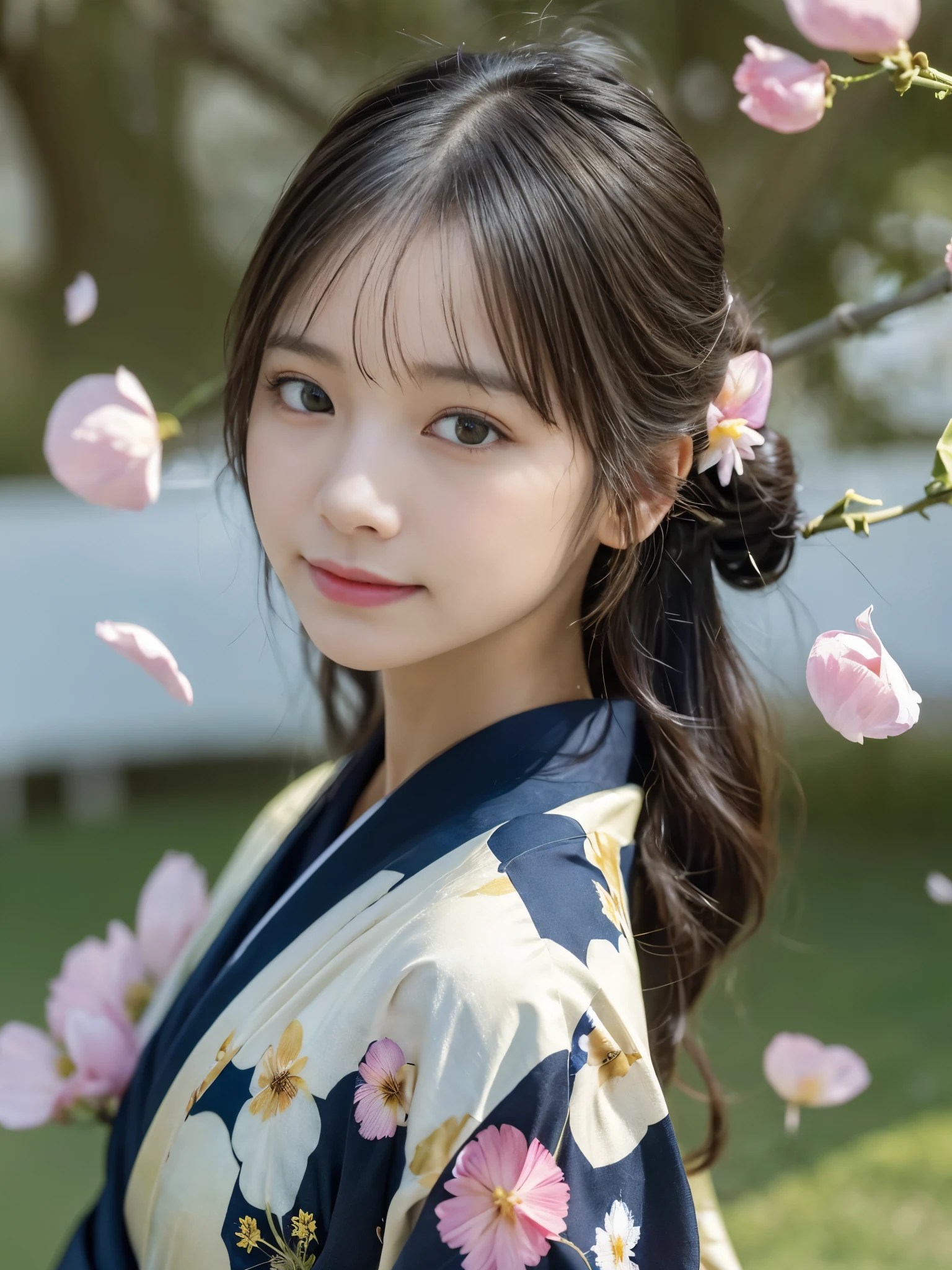 (Kimono)、Random Shots、、、randome pose、(A lot of petals come down:1.3)、(Wind:1.8)、(top-quality,​masterpiece:1.3,超A high resolution,),(ultra-detailliert,Caustics),(Photorealsitic:1.4,RAW shooting,)Ultra-realistic capture,A highly detailed,high-definition16Kfor human skin、 Skin texture is natural、、The skin looks healthy with an even tone、 Use natural light and color,One Woman,japanes,,kawaii,A dark-haired,Middle hair,(depth of fields、chromatic abberation、、Wide range of lighting、Natural Shading、)、A slight smil