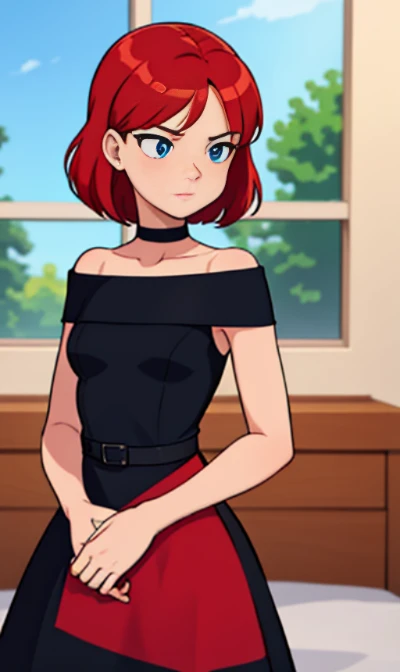 1 girl, Teenage, Red hair, Medium Red hair, Blue eyes, hands on sides, medium breasts, little black dress, skin-tight dress, short black dress, small chocker, bare shoulders, standing up, upper body, room, indoor, window, daylight at the city, Sexy, masterpiece, High quality. High quality. 2D illustration, 2D style