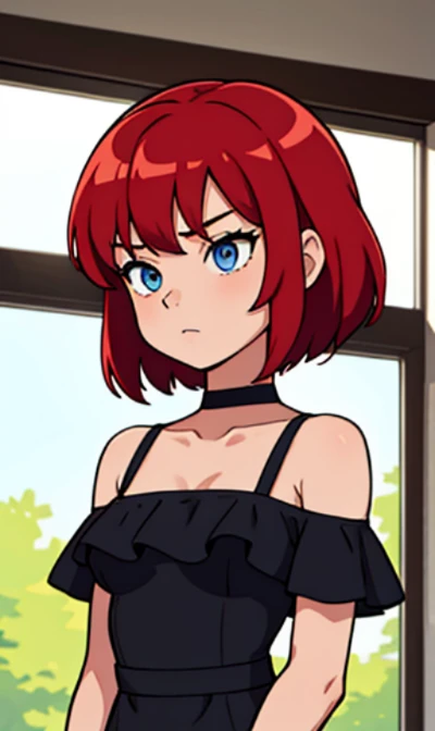 1 girl, Teenage, Red hair, Medium Red hair, Blue eyes, hands on sides, medium breasts, little black dress, skin-tight dress, short black dress, small chocker, bare shoulders, standing up, upper body, room, indoor, window, daylight at the city, Sexy, masterpiece, High quality. High quality. 2D illustration, 2D style