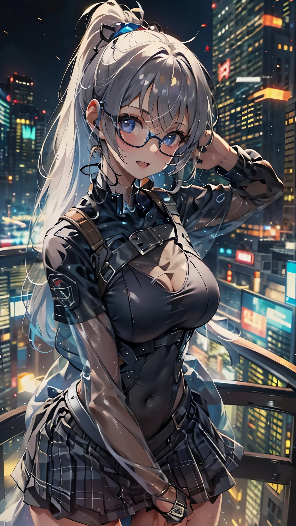 woman,,,city,night,(((tight mini skirt bodysuit))),,open mouth smile((See-through))glasses,((beautiful long ponytail)),((Baby girl bohape))