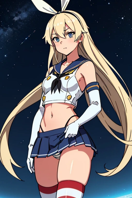 hyper detailed, perfect anatomy, extremely detailed and delicate, 1 girl, Shimakaze (KanColle), bright eyes, clean skin, white sailor uniform, bear shoulders, white elbow gloves, blonde hair, long hair, striped thighhighs, sailor collar, navel out, highleg panties, black panties, blue skirt, microskirt, pleated skirt, night sky, stars, milkyway, hugging a black cat,