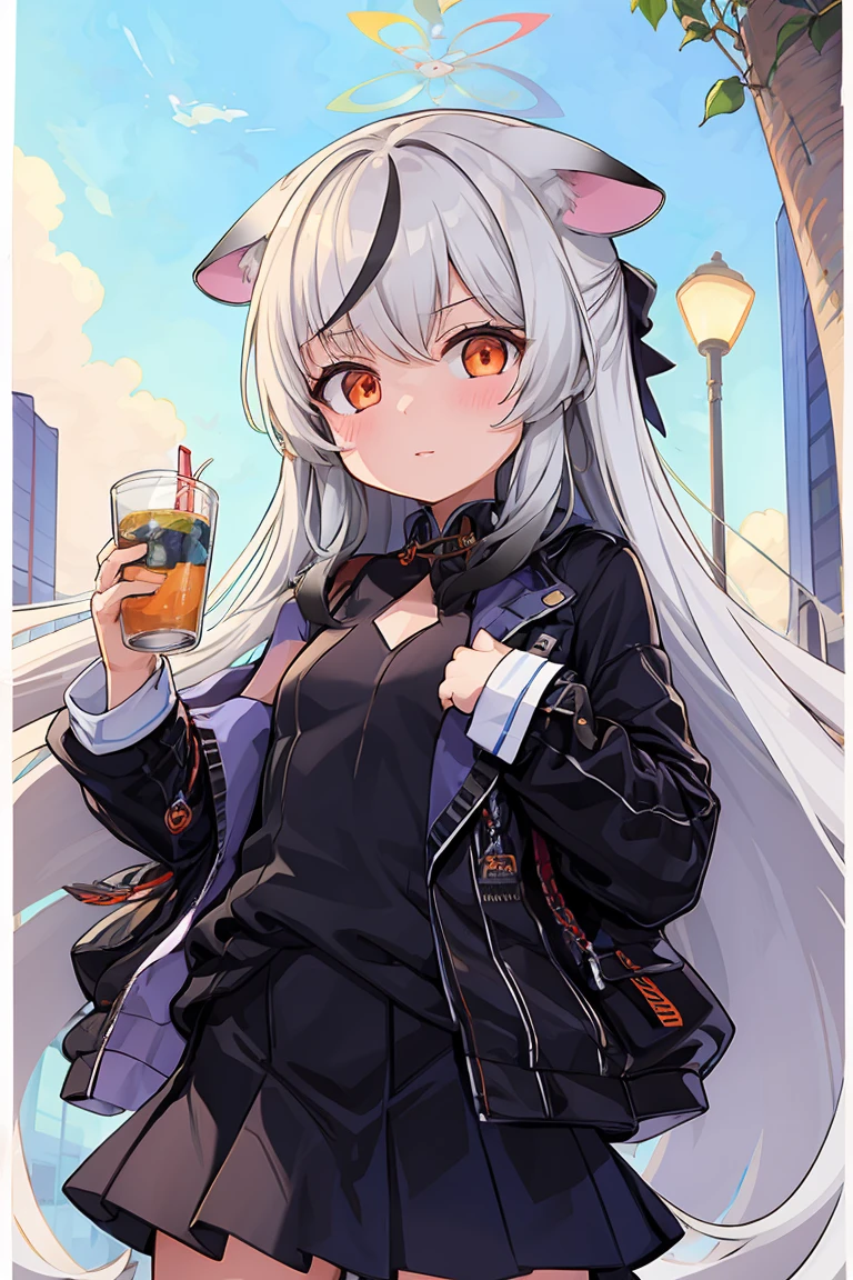 masterpiece, best quality, Super detailed, 1 girl, Kocona, Upper body, outdoor, black skirt, orange eyes