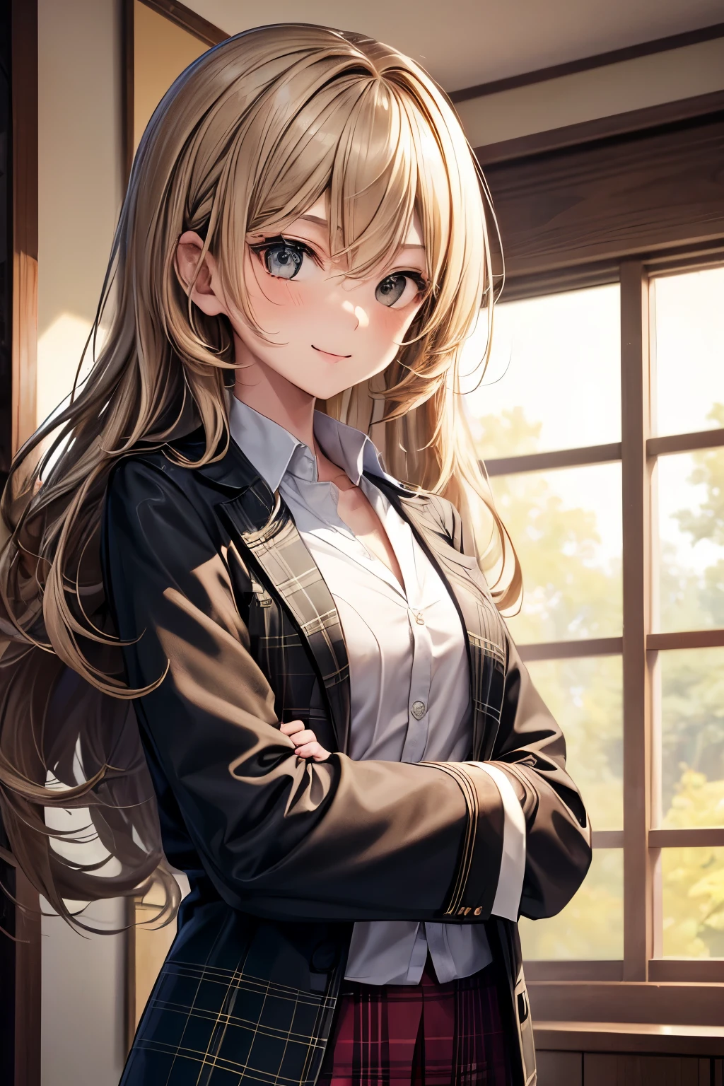 A 22 years old Japanese girl ((slender, small breast)), beige low ponytail ((smooth wavy , very short, extra long blunt shaggy hair:1.4 )), deep green hakama , tartan chesterfield coat, spider lily pattern shirt, smile calmly and fearless ,left hand folds her right hand ,(( brown smiling eyes )), ((looking back pose))
