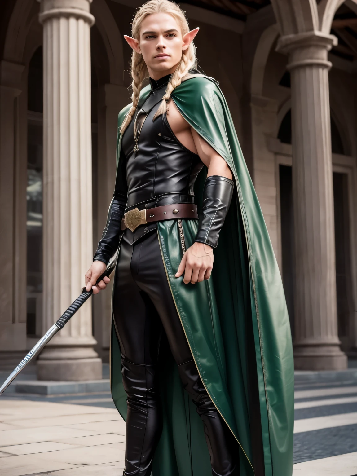 male elf, detailed elf ears, skinny, toned muscles, long braided blonde hair, green leather cape, green leather hood, black leather robe, full body view, vertical oak staff, 