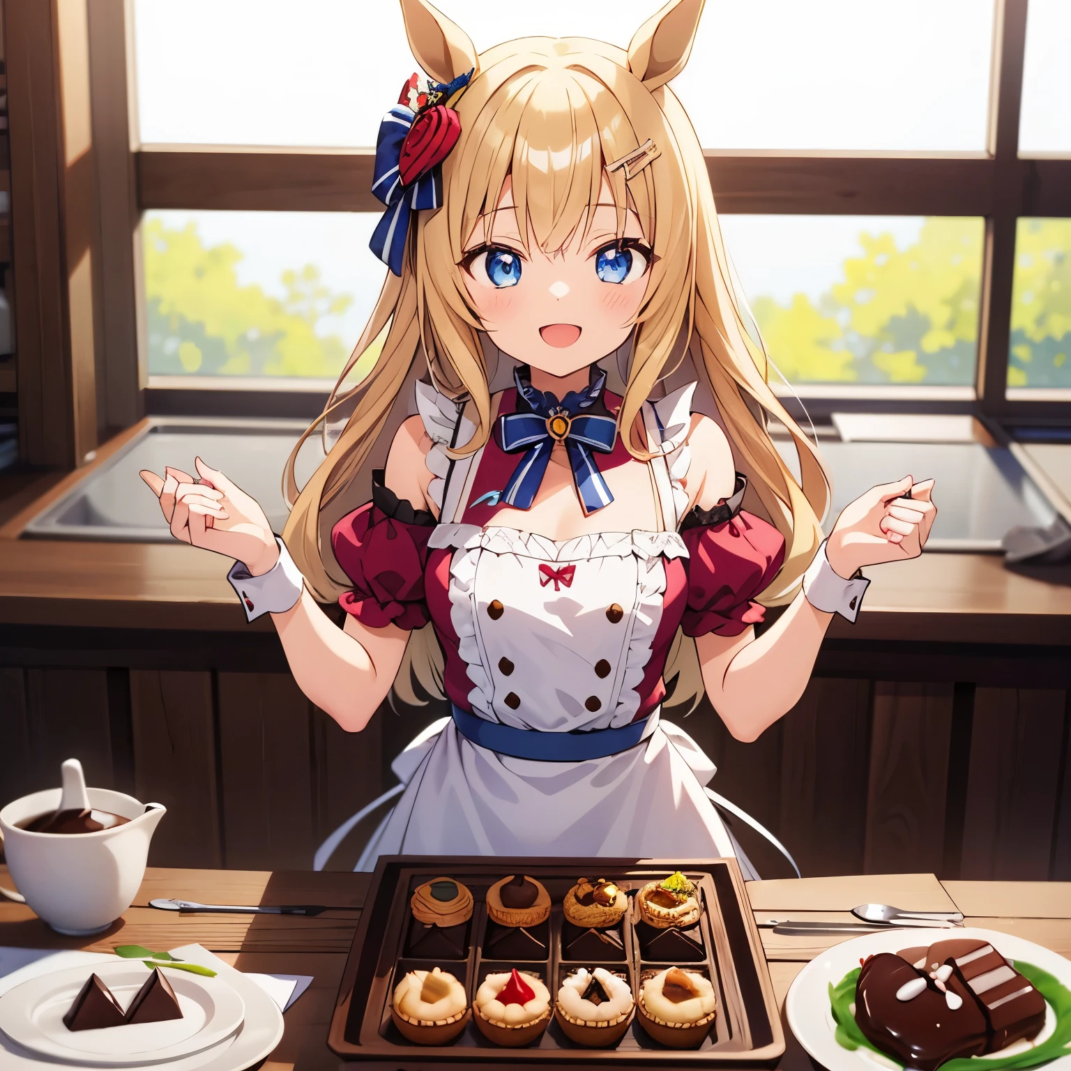masterpiece, highest quality, very detailed, anime, girl, horse ears, blonde, young face, he is short, , very small breasts, long hair, umamusume, blue eyes, Valentine, Adorable pastry chef costume with frills, Chocolate making, smile, happiness,