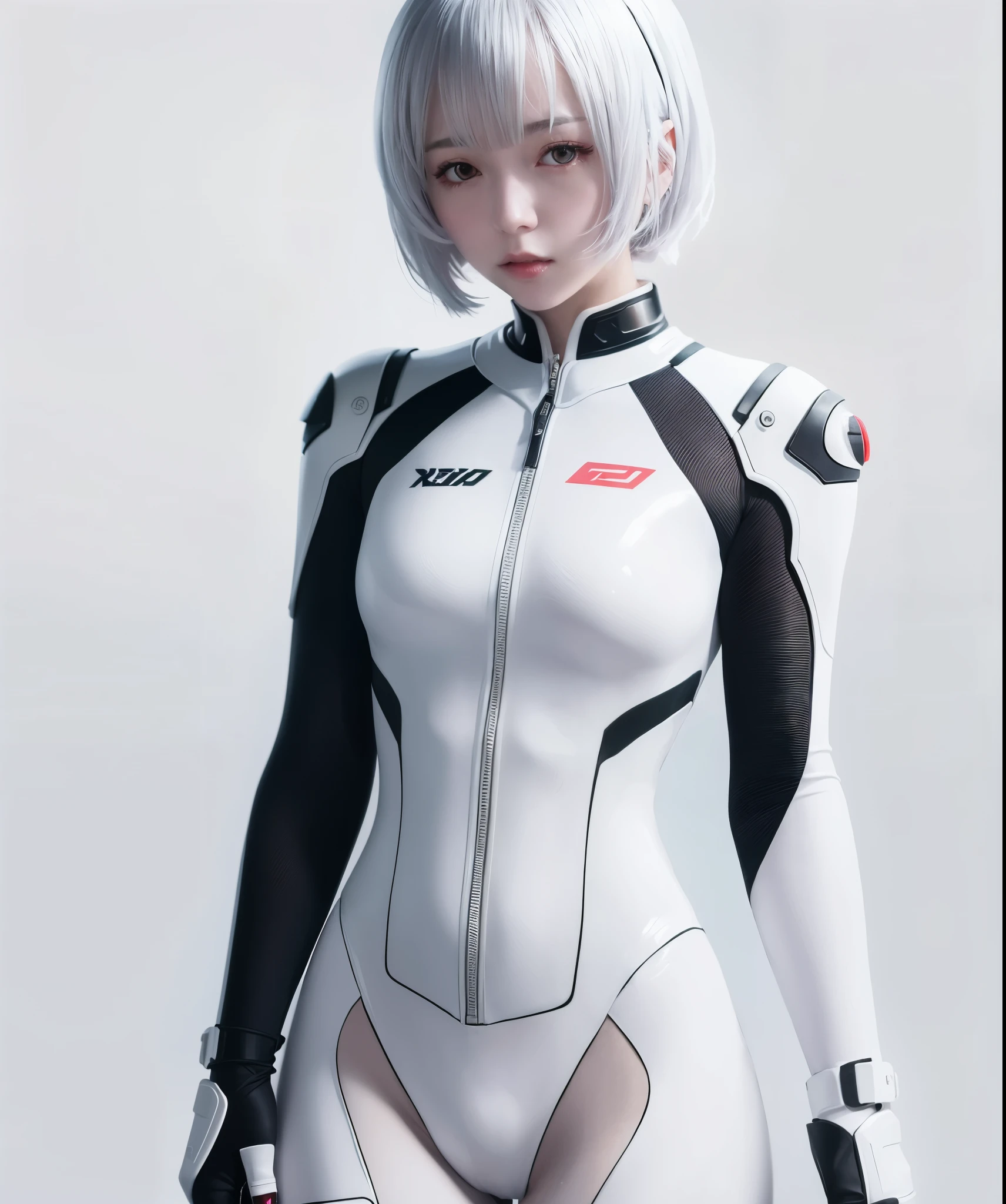 (8K, highest quality, masterpiece:1.2),High resolution,masterpiece,ultra detail,alone,1of girl,(white color of background:1.5),(Delicate eye),((whitehair)),Plugsuit, short_hair, starry_null, Bodysuit, ayanami_king, alone, night_null, red_eye, red_ background, silver and black  latex bodysuit, pilot_suit, lance_of_longinus, fronthair, light_particle, ((triangular psychosensory apparatus on both sides of the head)), Soryu_Asuka_Langley, taut_clothes, medium-breasted, bokeh, mechanical-like clothing, Small logo pattern on chest zero, red eyes
