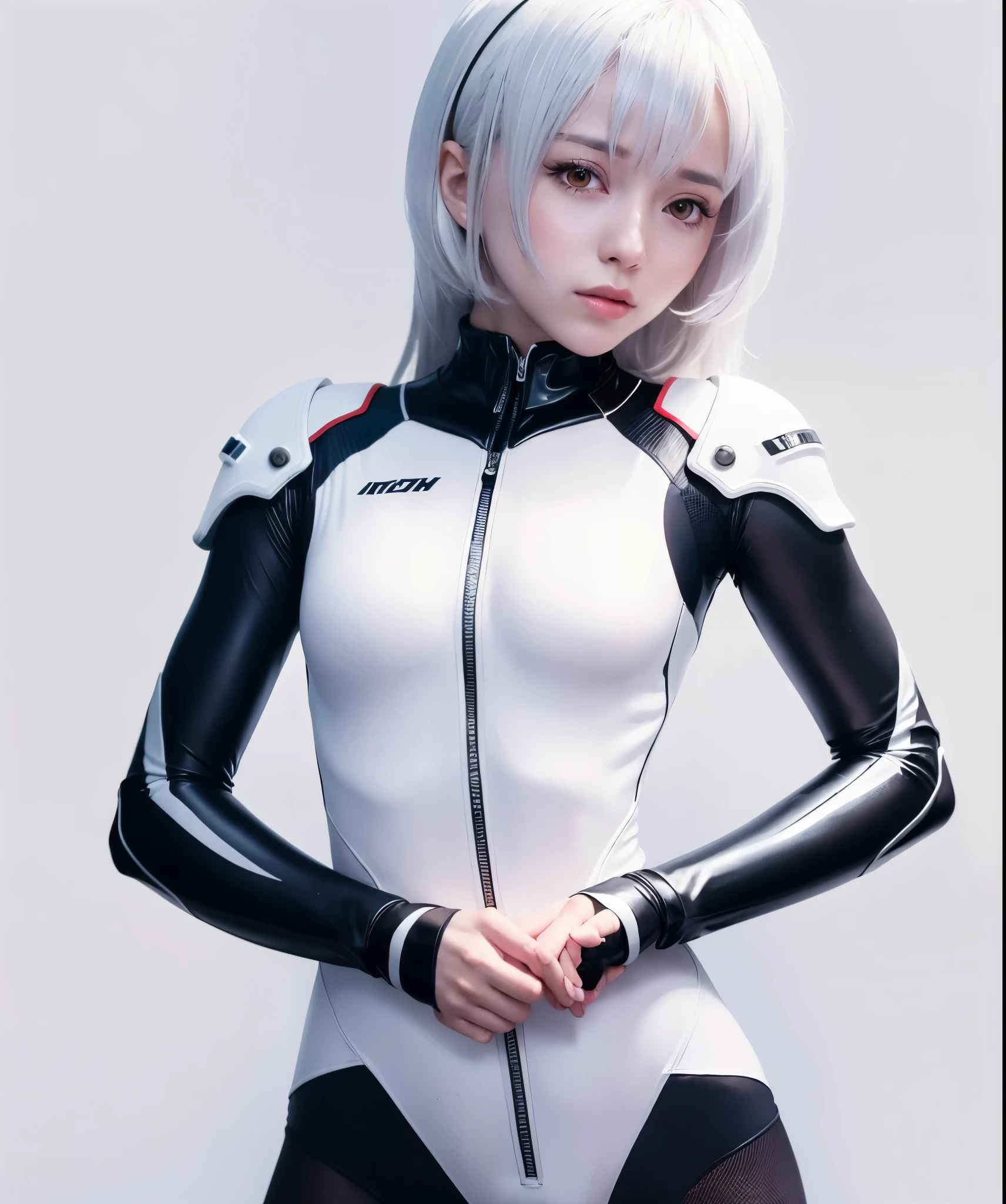 (8K, highest quality, masterpiece:1.2),High resolution,masterpiece,ultra detail,alone,1of girl,(white color of background:1.5),(Delicate eye),((whitehair)),Plugsuit, short_hair, starry_null, Bodysuit, ayanami_king, alone, night_null, red_eye, red_ background, silver and black  latex bodysuit, pilot_suit, lance_of_longinus, fronthair, light_particle, ((triangular psychosensory apparatus on both sides of the head)), Soryu_Asuka_Langley, taut_clothes, medium-breasted, bokeh, mechanical-like clothing, Small logo pattern on chest zero, red eyes
