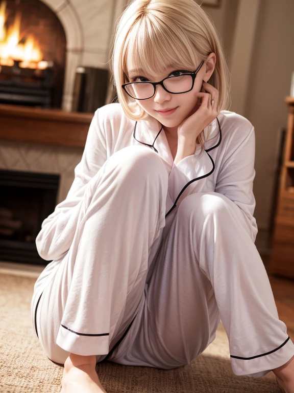 (8k, RAW photo, best quality, masterpiece, extremely detailed, absurdres:1.2) (realistic, photo-realistic:1.4) sharp focus, (blurred background:1.2) bokeh (close up:1.4) cinematic, detailed 4K background
BREAK
(detailed fashionable glasses:1.4) 1 extremely cute Japanese girl, detailed face, kawaii, 20 years old, detailed extremely pale skin, laugh, embarrassed (dynamic sexy pose:1.3) (pale white girly pajamas, detailed white stockings:1.2) thighs BREAK indoors, living room, fireplace, snow