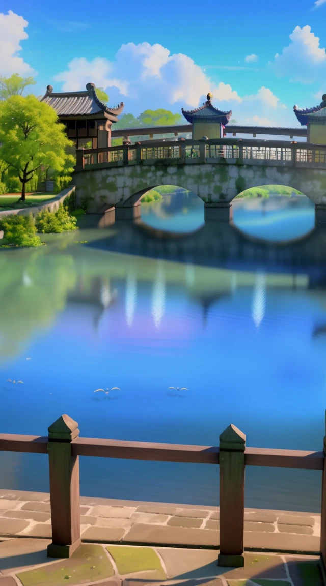 (obra de arte, melhor qualidade, illustration, detalhe fino), ((Papel de parede CG Unity 8K muito detalhado, high resolution)), high saturated, Baixo brilho, Arte conceitual, ((unmanned)), (paisagem), (small bridge of running water), (Jiangnan Water City), sky, noite, (Lua cheia), Nuvem, ar livre, arquitetura, rio, Jardim Suzhou