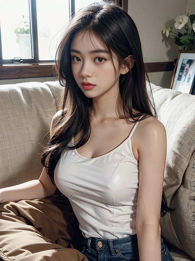 Close-up of a woman with long hair wearing a white tank top., 1 8 is, Tomorrow, Tran., 19 year old girl, Profile picture, dang my linh, Avatar, 18 years old, 22 years old, 2 , 2 7 years, 21 years old, 2 8 years, 8ก, cleavage, big tits, brush your face