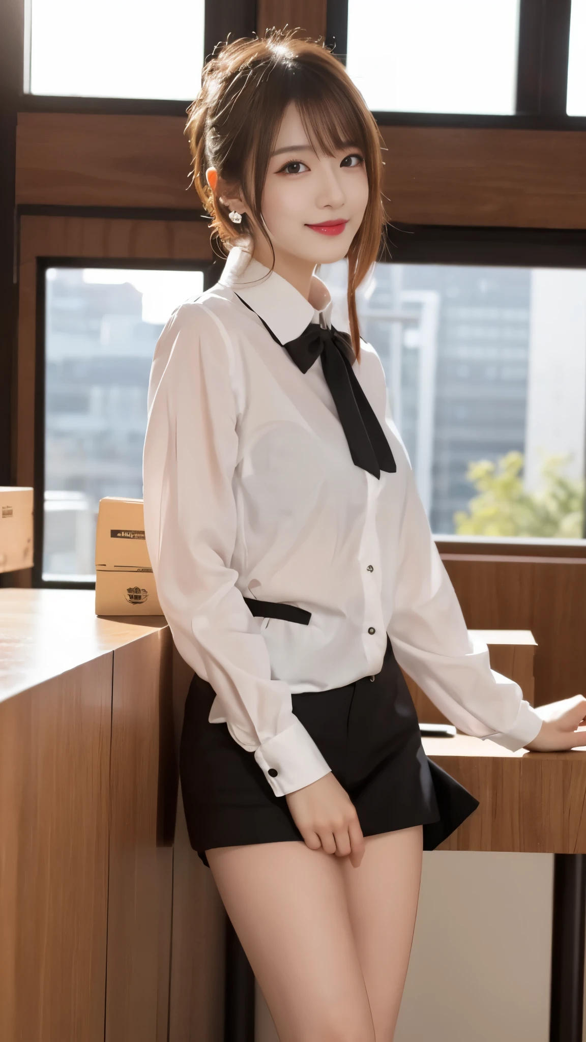 beautiful japanese woman,Photos taken by a professional photographer,Fancy makeup with red eyeshadow,double eyelid,The best smile,Delicate brown hair with short cut and side waves,big ring earrings,elegant legs,Wearing black high heels,long and thin legs, white shirt and super miniskirt, long legs, standing during class, very beautiful slim legs, とても美しいlong and thin legs, sitting at desk, Business service, beautiful feet, good hips and long legs, beautiful feet, surreal high school girl, cleavage, sitting on a black box,