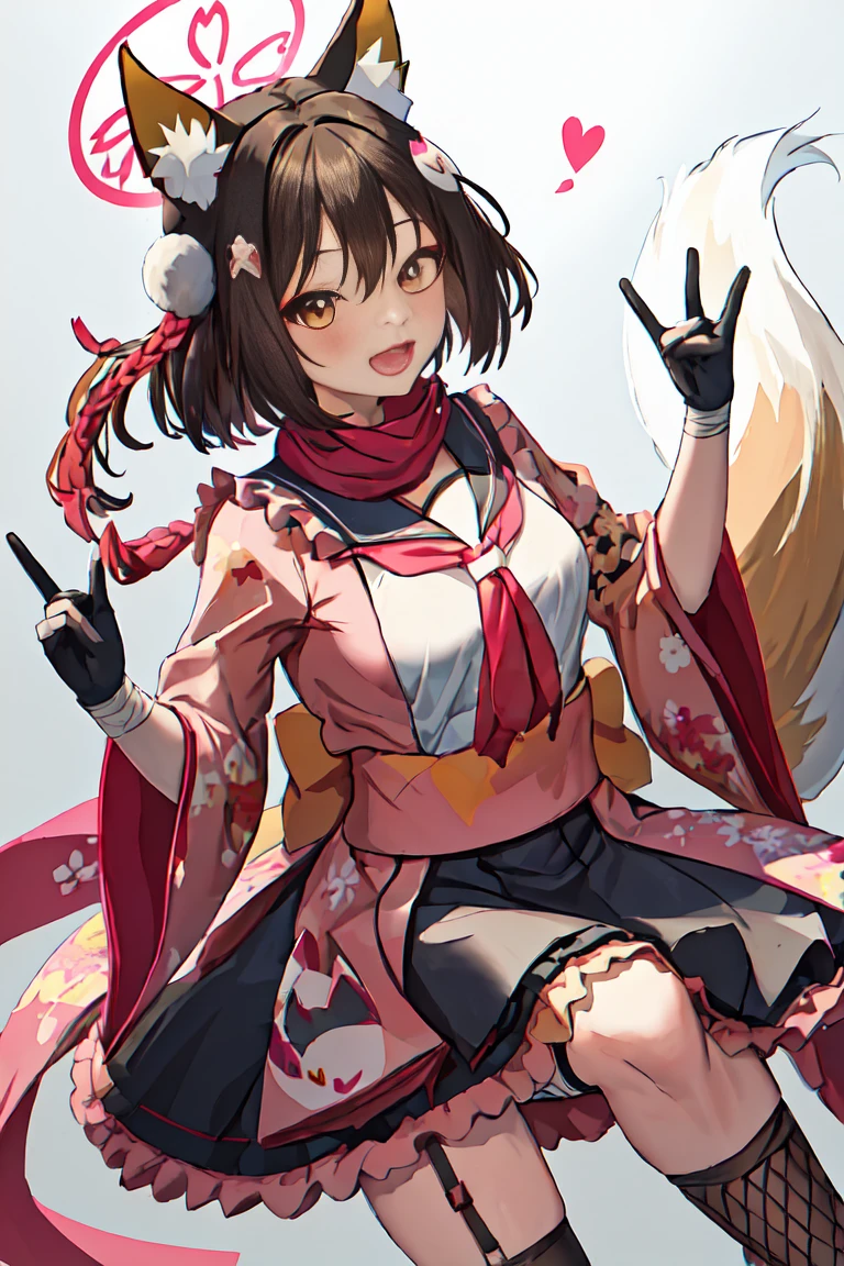 最好of质量, masterpiece, high resolution, 独自of, {Izuna_bluearchive:1.15}, animal_ears, fox_ears, fox_girl, animal_ear_fluff, halo, 棕色of_hair, Bangs, 短of_hair, of_Eye, hair_decoration, Smile, Open_Mouth, blush, direction, fox_Tail, Tail, hair_between_Eye, breast, Sefuku, :d, alternexiste_Costumes, apron, watching_exist_audience, maid, maid_apron, maid_headgear, 1girl, Keep, enmaided, heart