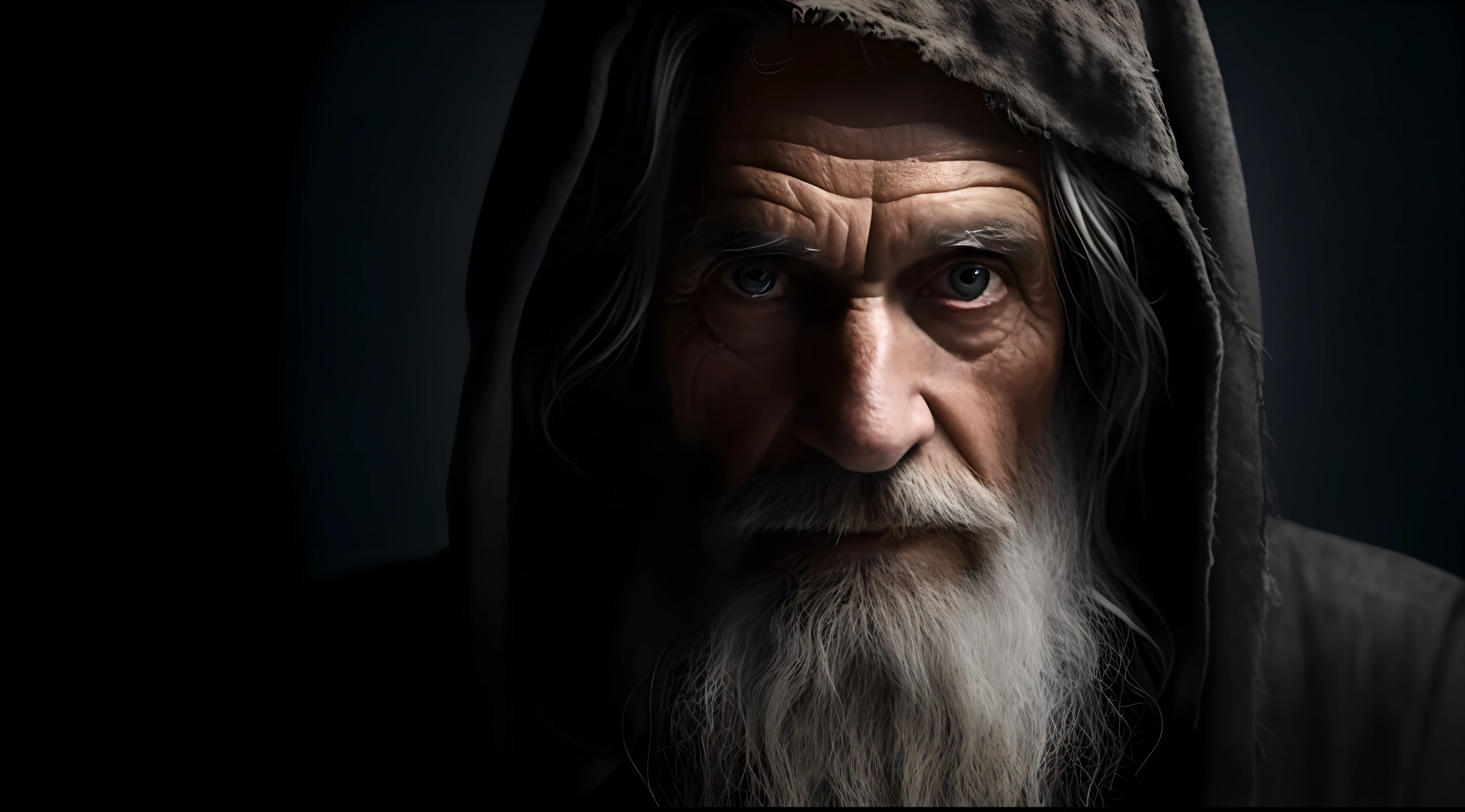 um close up de um homem com uma longa barba e um capuz, Wise Velhote, um velho, retrato do homem velho, foto do retrato de um homem velho, Retrato de um bruxo, Velho cyberpunk, Velhote, Retrato de Gandalf, Hora do Pai, 8k Artistic Portrait Photography, um homem de 80 anos, Velho Mestre Jedi