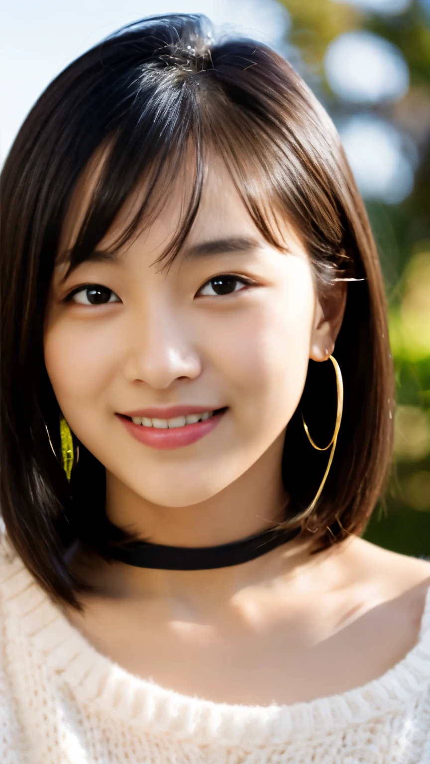 Top Quality, Masterpiece, Ultra High Resolution, Photorealistic, 1 Girl, Off Shoulder, Knit, Smile, Smile, Slightly Visible, oversized_sweater, Soft Lighting, Detailed Skin, Bangs, Black Hair, Clear Eyes, Short Bob Hair, Transparency, Japan, Korean, Beautiful Woman, Upper Eyes, Lip Gloss, Black Thick Choker, Teardrops, Mole on the Chest, Highlights in the eyes