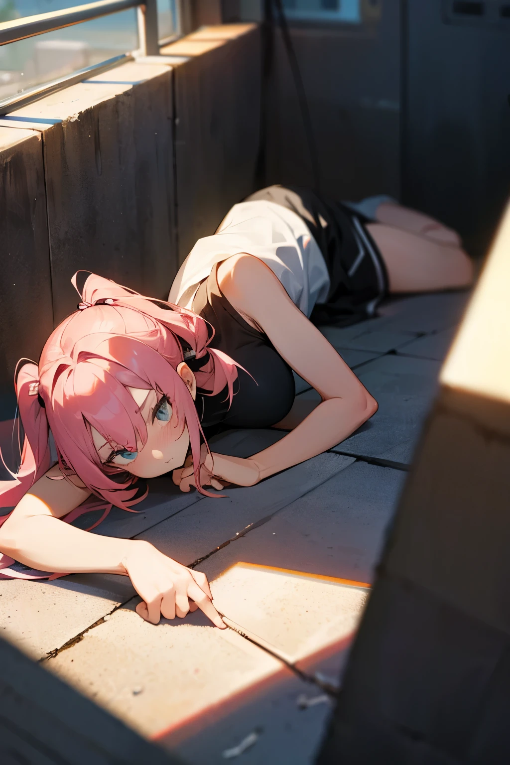 Girl with pink hair、big twin tails、disgusted face、Black sleeveless shirt、Being knocked down、lying on the ground、hand growing from the ground、hand touches thigh