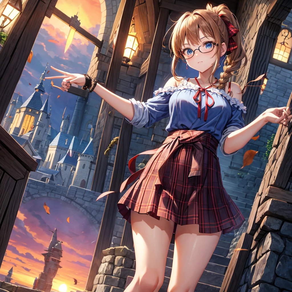 reddish-brown blonde、blue hair、blue eyes、ponytail、Braid、one good looking girl、solo、anime、Plaid miniskirt、camisole、black t-shirt、Tilting your face、Doing the ribbon、Ribbon at waist、sunset sky、broken stone stairs、tunnel、Fallen leaves、wearing glasses、Light and shadow、maze、monster castle、lanthanum、corridor、One leg is raised、pinwheel、castle floating in the air、7 cylinders、Jewelry box、flag