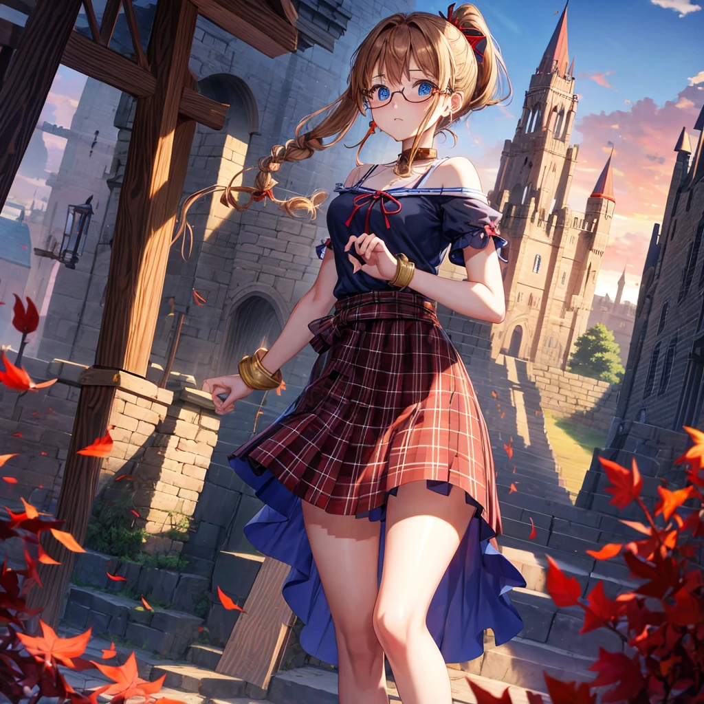 reddish-brown blonde、blue hair、blue eyes、ponytail、Braid、one good looking girl、solo、anime、Plaid miniskirt、camisole、black t-shirt、Tilting your face、Doing the ribbon、Ribbon at waist、sunset sky、broken stone stairs、tunnel、Fallen leaves、wearing glasses、Light and shadow、maze、monster castle、lanthanum、corridor、One leg is raised、pinwheel、castle floating in the air、7 cylinders、Jewelry box、flag