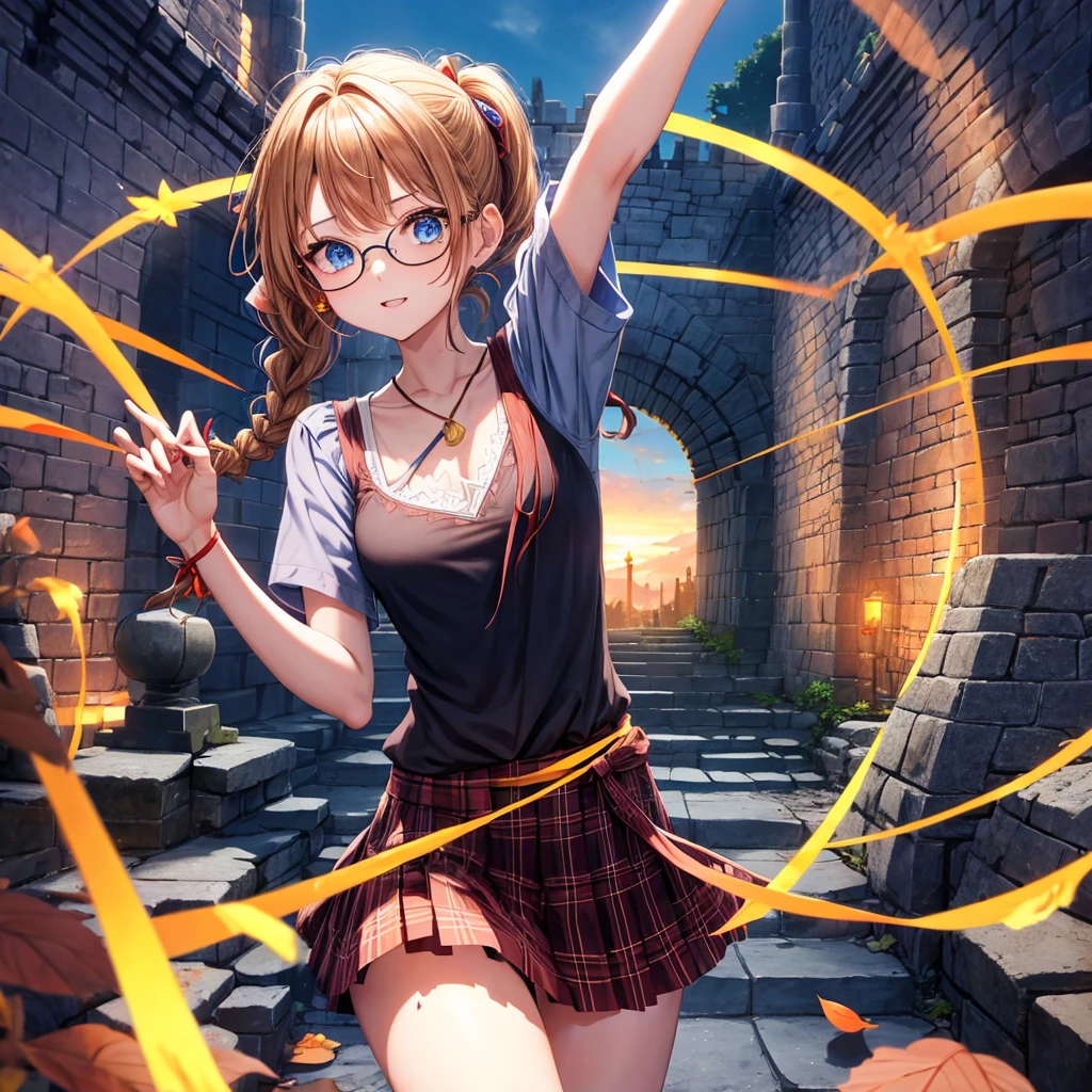 reddish-brown blonde、blue hair、blue eyes、ponytail、Braid、one good looking girl、solo、anime、Plaid miniskirt、camisole、black t-shirt、Tilting your face、Doing the ribbon、Ribbon at waist、sunset sky、broken stone stairs、tunnel、Fallen leaves、wearing glasses、Light and shadow、maze、monster castle、lanthanum、corridor、One leg is raised、pinwheel、castle floating in the air、7 cylinders、Jewelry box、flag
