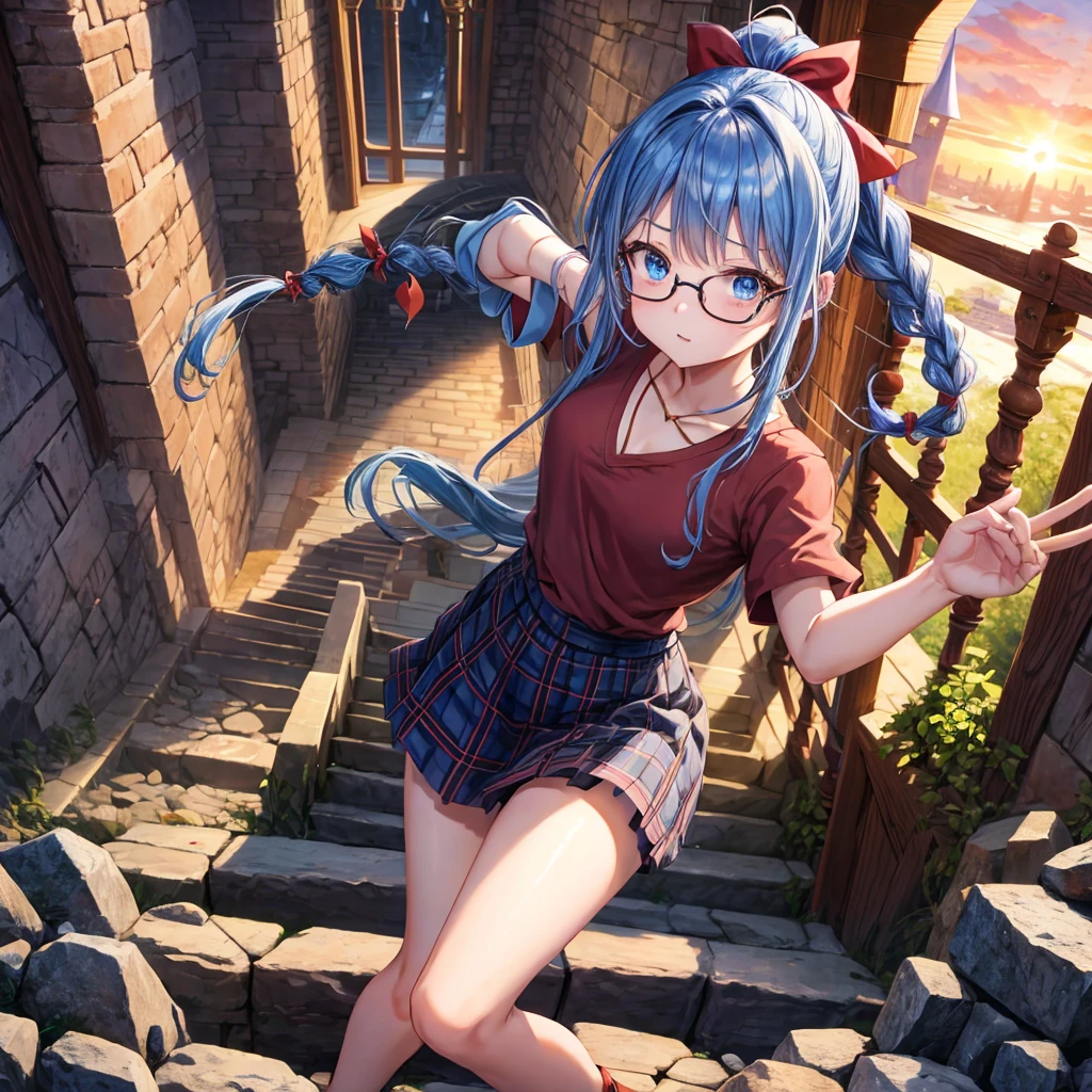 reddish-brown blonde、blue hair、blue eyes、ponytail、Braid、one good looking girl、solo、anime、Plaid miniskirt、camisole、black t-shirt、Tilting your face、Doing the ribbon、Ribbon at waist、sunset sky、broken stone stairs、tunnel、Fallen leaves、wearing glasses、Light and shadow、maze、monster castle、lanthanum、corridor、One leg is raised、pinwheel、castle floating in the air、7 cylinders、Jewelry box、flag