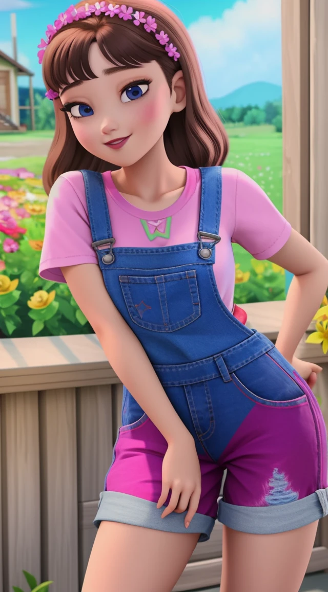 obra de arte,melhor qualidade, 1 garota,Sozinho,Haru Urara,overalls,Shorts em geral,pupilas em forma de flor,Mudar,blusa rosa,segurando sorvete,(Rabo de cavalo:0.6),sorriso,boca aberta,nublado,