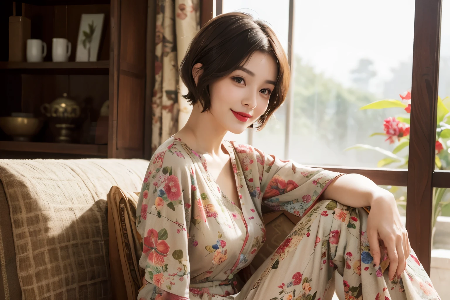 149
(20 year old woman,floral print outfit,pants), (Super realistic), (high resolution), ((beautiful hairstyle 46)), ((short hair:1.46)), (gentle smile), (brest:1.1), (lipstick)
