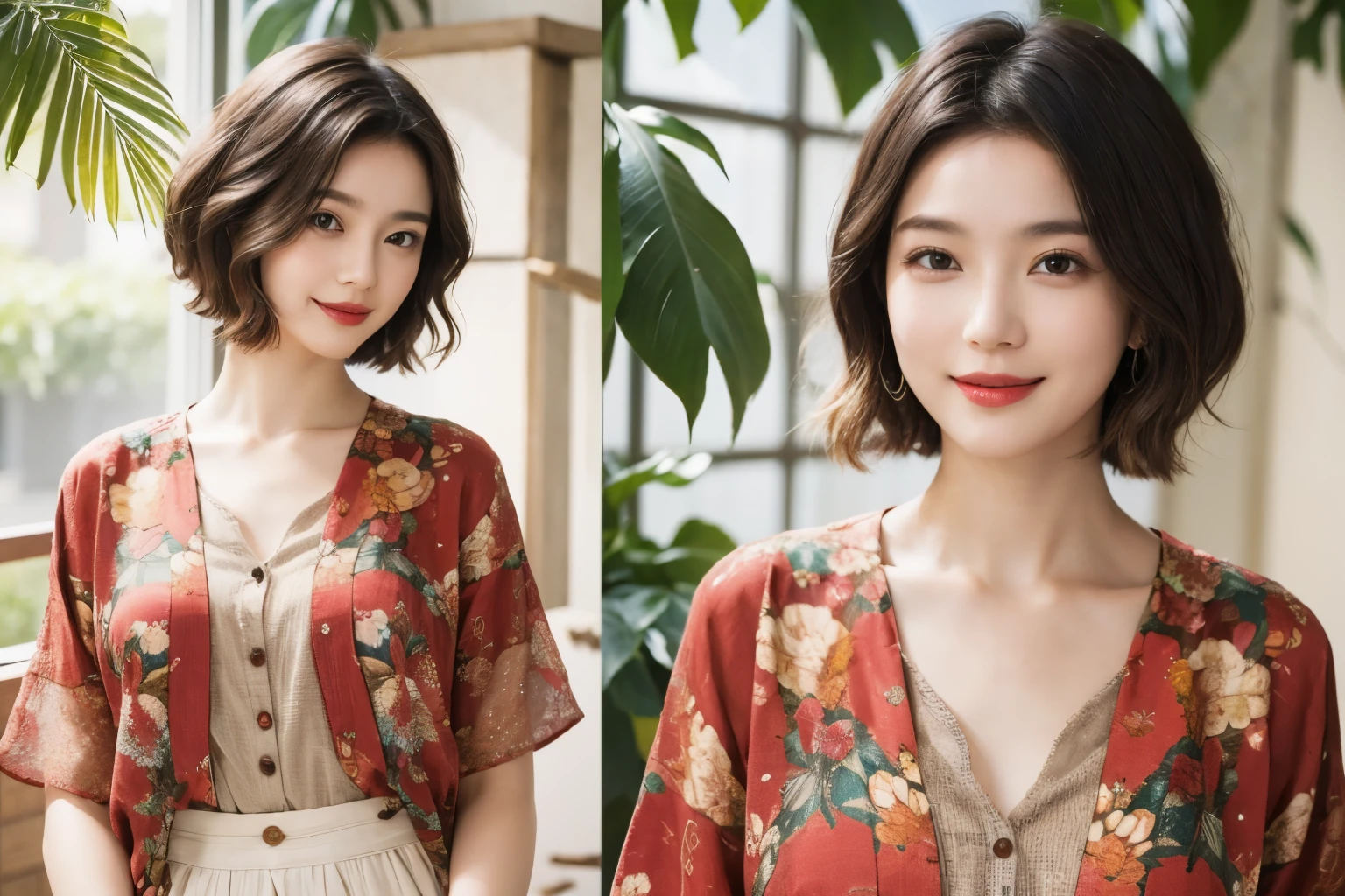 149
(20 year old woman,floral print outfit,pants), (Super realistic), (high resolution), ((beautiful hairstyle 46)), ((short hair:1.46)), (gentle smile), (brest:1.1), (lipstick)
