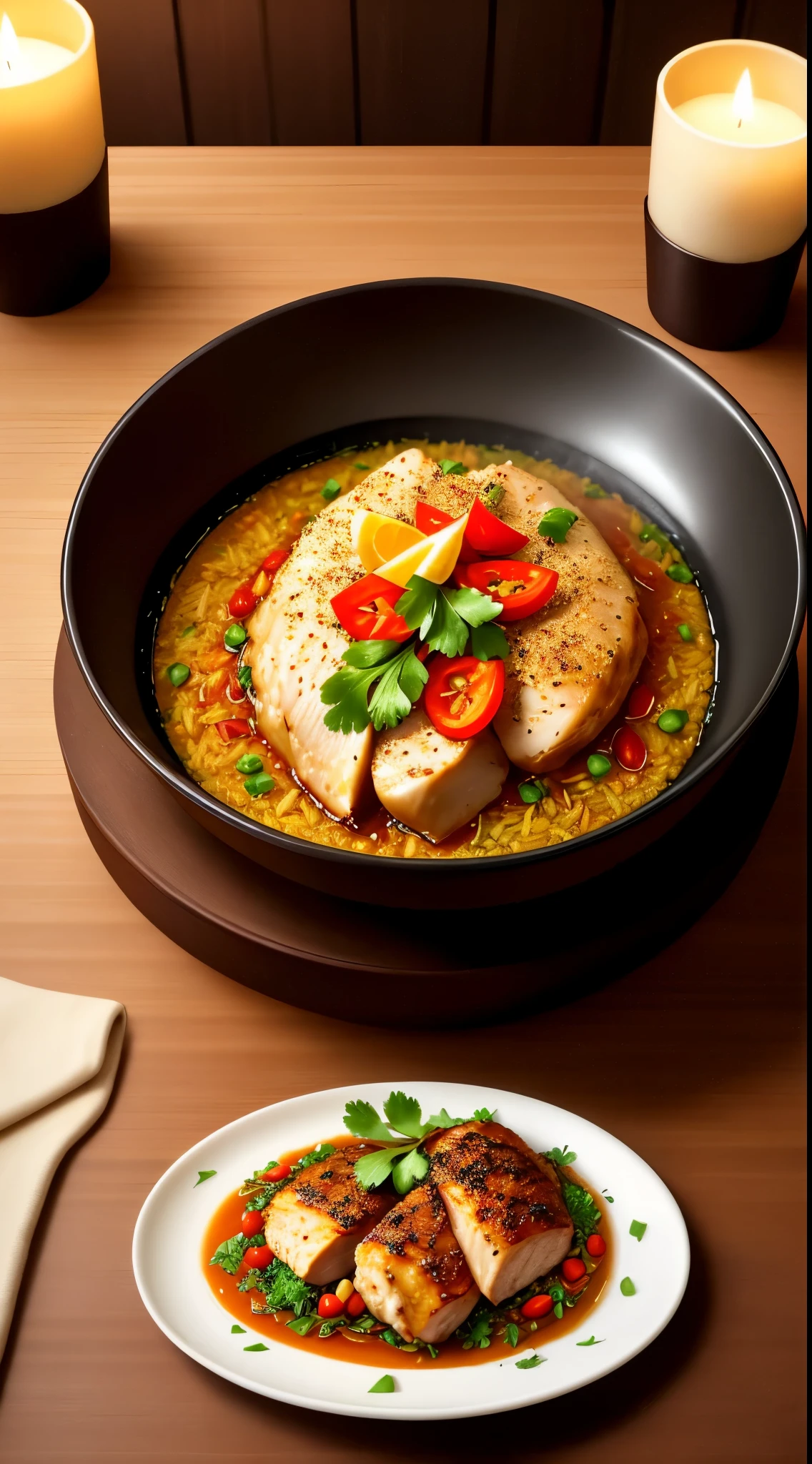 chicken rice and curry,food illustrations,oil painting,delicious steamy rice plate with fragrant curry and tender chicken,beautifully arranged,stylishly garnished,rich in colors,fine brushstrokes,highly detailed ingredients,fresh herbs and spices,aromatic steam rising from the plate,indulgent and flavorful,tempting to the senses,close-up view of the food,inviting and mouthwatering presentation,intricate textures and patterns on the plate and bowls,attention to every artistic detail,the chicken cooked to perfection with crispy skin and juicy meat,the rice perfectly fluffy and fragrant,the curry rich and thick,senses of warmth and comfort,rich color palette with warm hues,soft, diffused lighting to create a cozy ambiance,subtle shadows to add depth and dimension,elegant plating and arrangements,bringing the dish to life with artistry and passion.