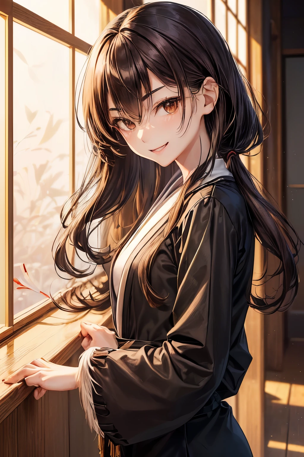 A 22 years old Japanese girl ((slender, small breast)), deep beige low ponytail ((smooth wavy , very short, extra long blunt shaggy hair:1.4 )), deep green hakama , tartan chesterfield coat, spider black shirt(( spider lily patterns)), smile calmly and fearless ,left hand folds her right hand ,(( brown smiling eyes )), ((looking back pose))