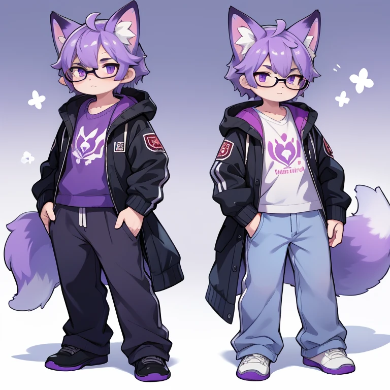A male fox, man, purple fox, purple fur, big ears, wears glasses, glasses, clothes, big hoof, pants, spot, standing