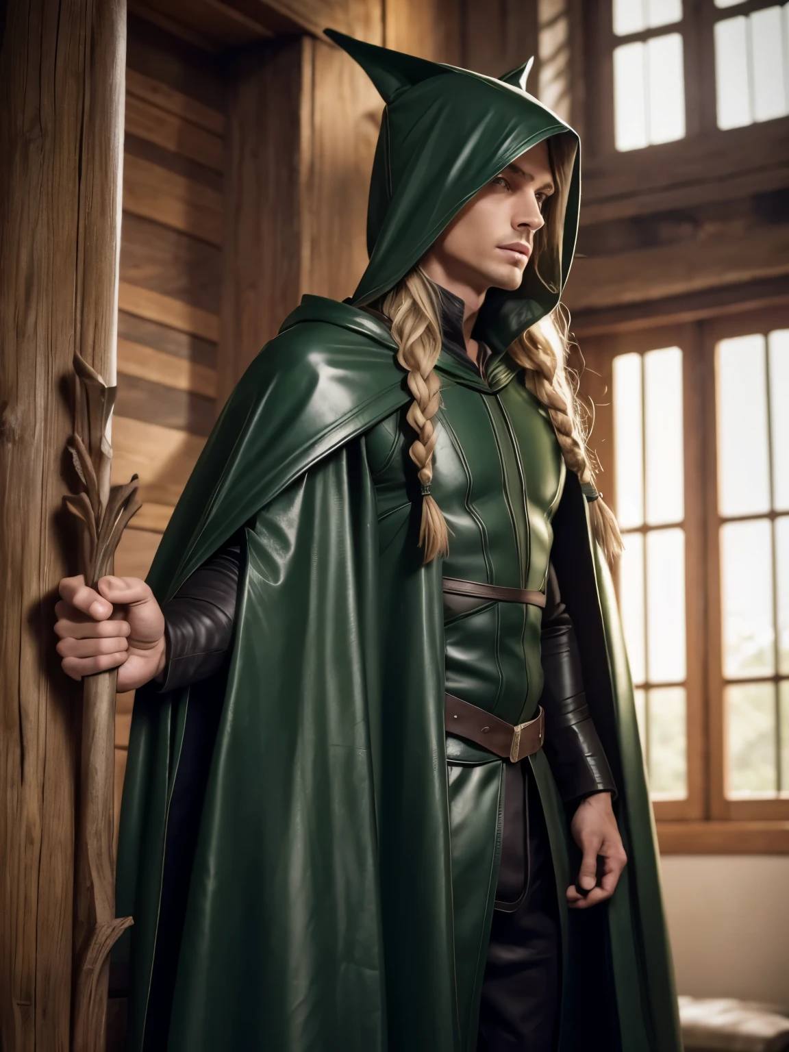 male elf, detailed elf ears, skinny, toned muscles, long braided blonde hair, green leather cape, green leather hood, black leather robe, full body view, vertical oak staff,